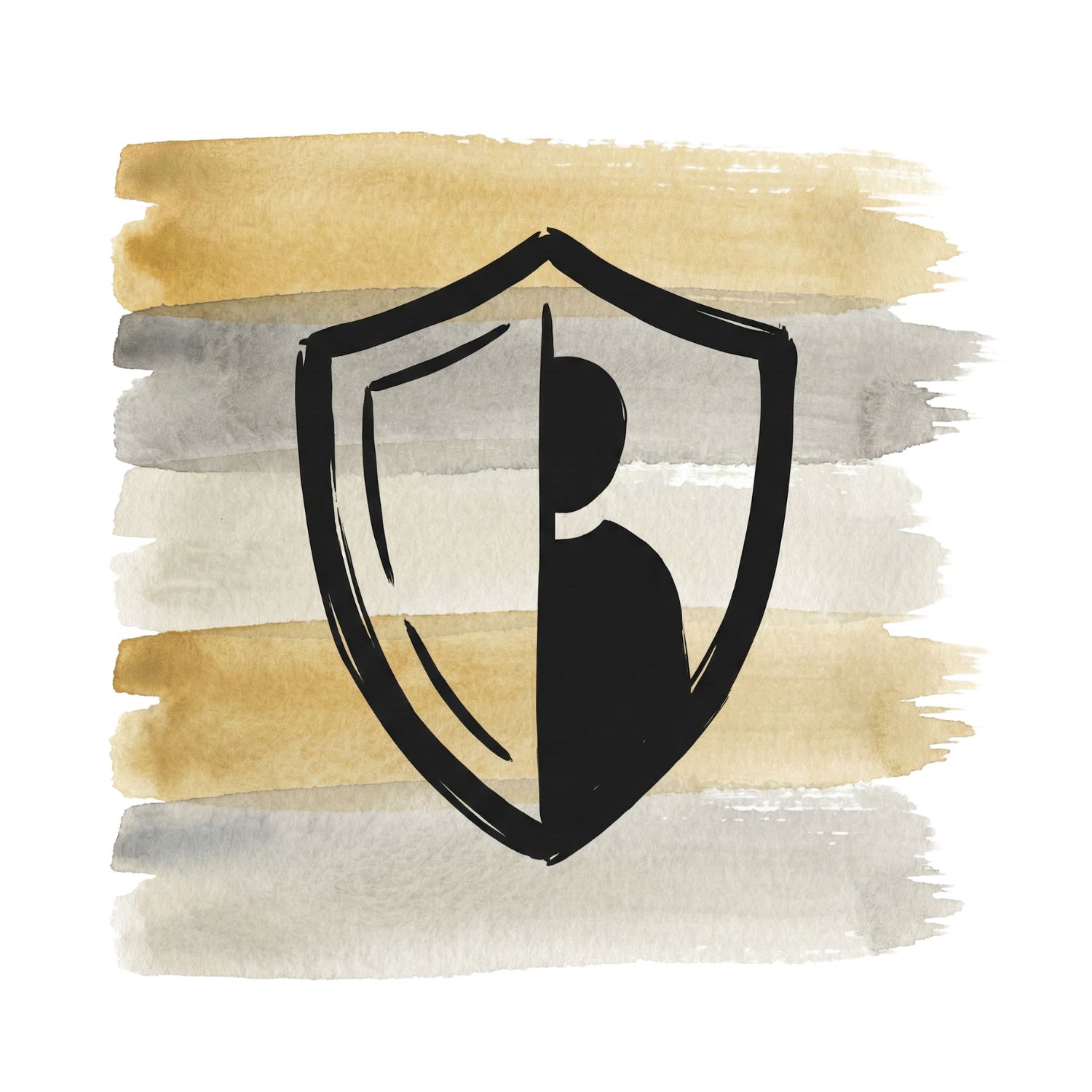 A Saul Bass–inspired ink symbol of a shield-like form partially enclosing a figure over muted gold and gray watercolor brush strokes on a white background, representing protection that also blocks inward view.