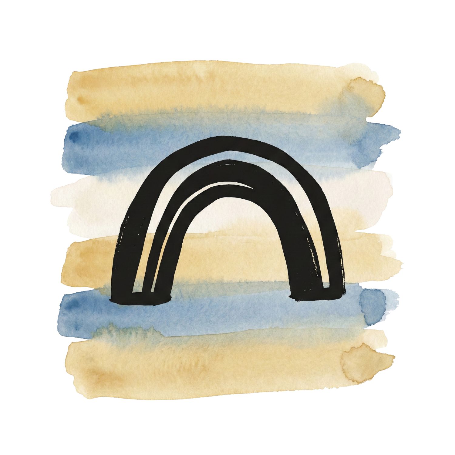 Minimal inkblack open arc symbol over soft golden and dusk-blue watercolor brush strokes on a pure white background.