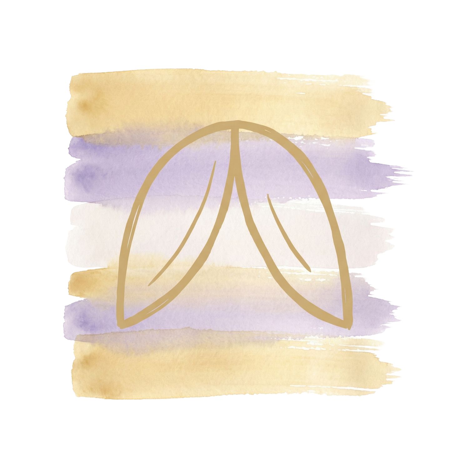 A Saul Bass–inspired ink symbol of a veil lifting or an eye opening over layered soft gold and pale lavender watercolor brush strokes on a white background, representing revelatory clarity.