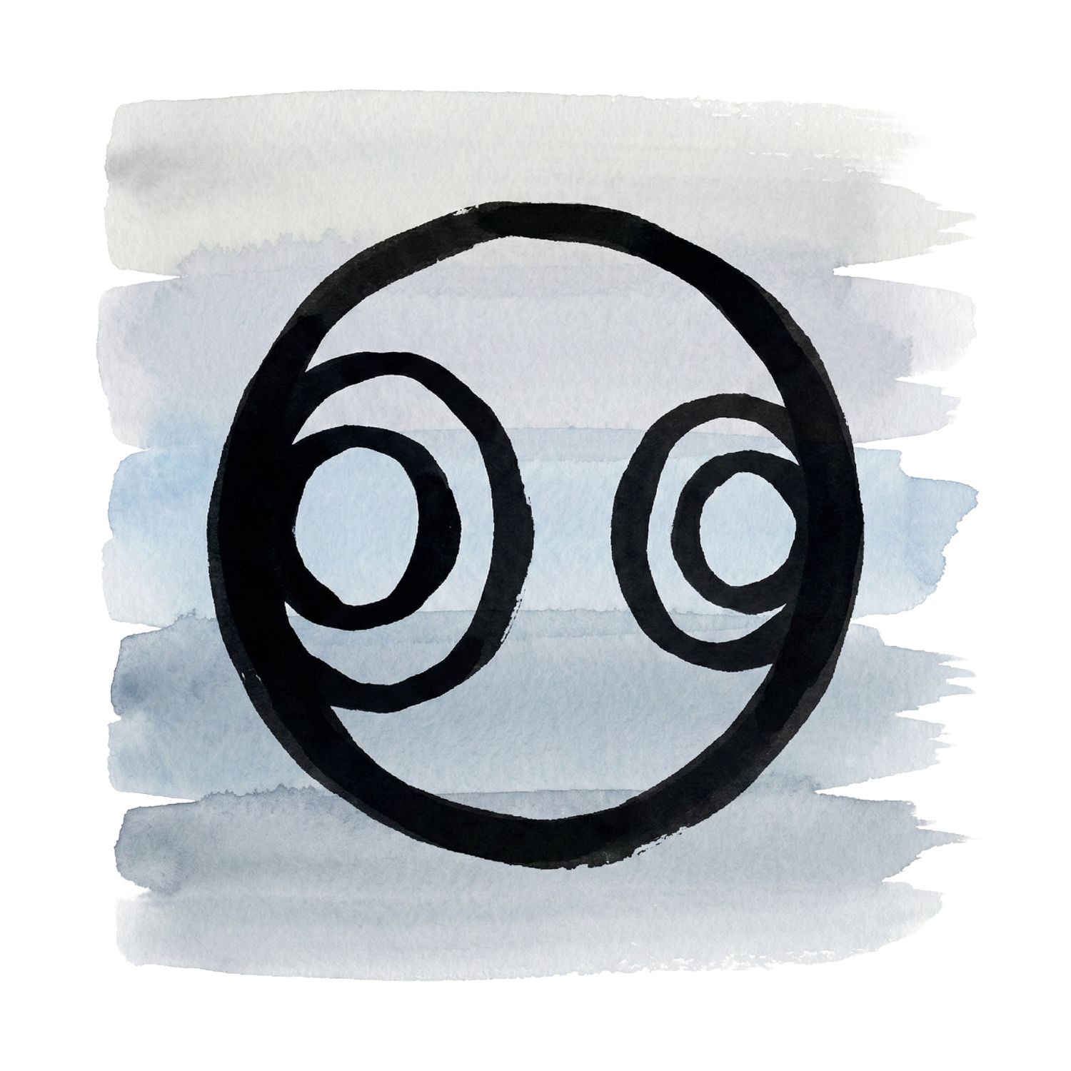 A minimalist ink symbol of two abstract forms in widening orbit over soft gray and pale blue watercolor brush strokes, representing distance formed by motion rather than conflict.
