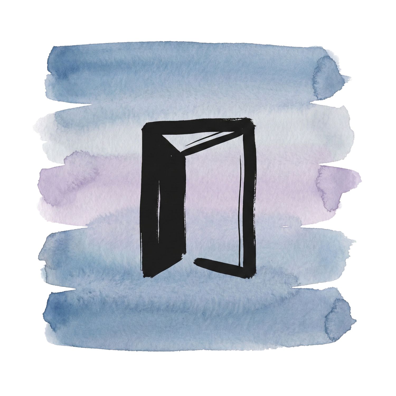 Minimal inkblack threshold arc symbol over muted dusk-blue and soft ash watercolor brush strokes on a pure white background.