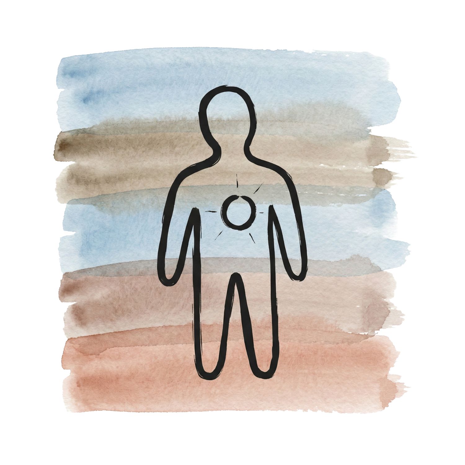 A Saul Bass–inspired ink symbol of a small open wound or cracked circle emitting gentle lines over soft blue and earth-toned watercolor brush strokes on a white background, representing care offered from unresolved hurt.