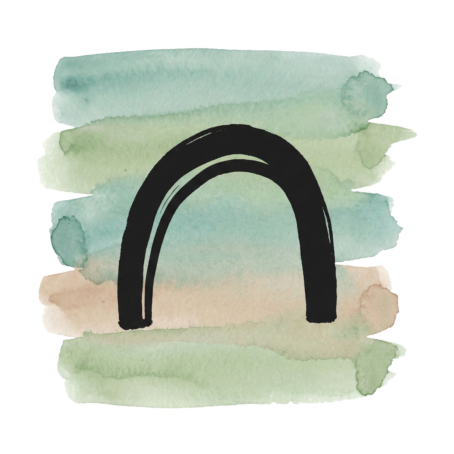 Minimal black ink arc symbol over soft teal and sage watercolor brush strokes on a pure white background.
