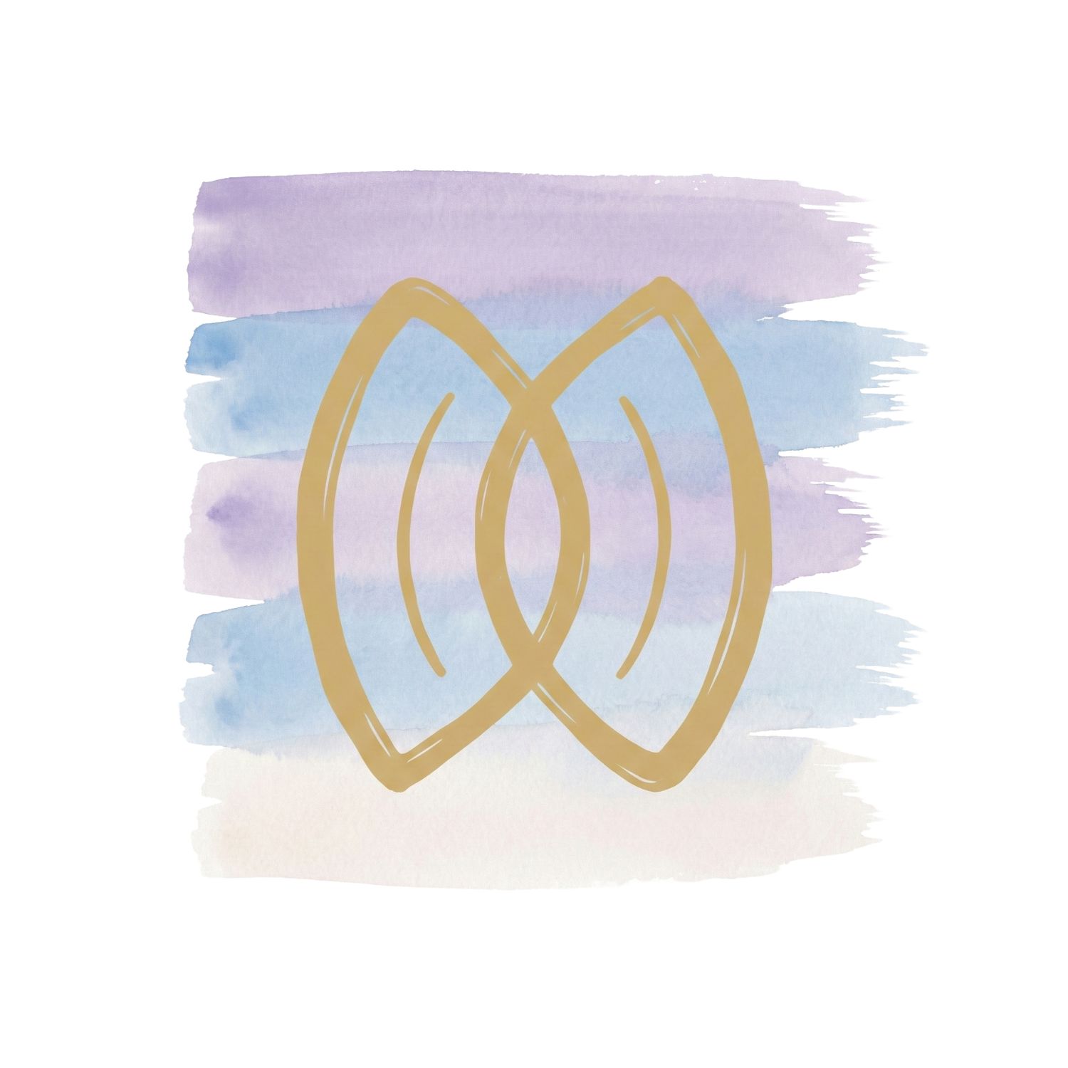 A Saul Bass–inspired ink symbol of two overlapping sound waves or mirrored shapes over soft lavender and blue watercolor brush strokes on a white background, representing recognition and shared experience.