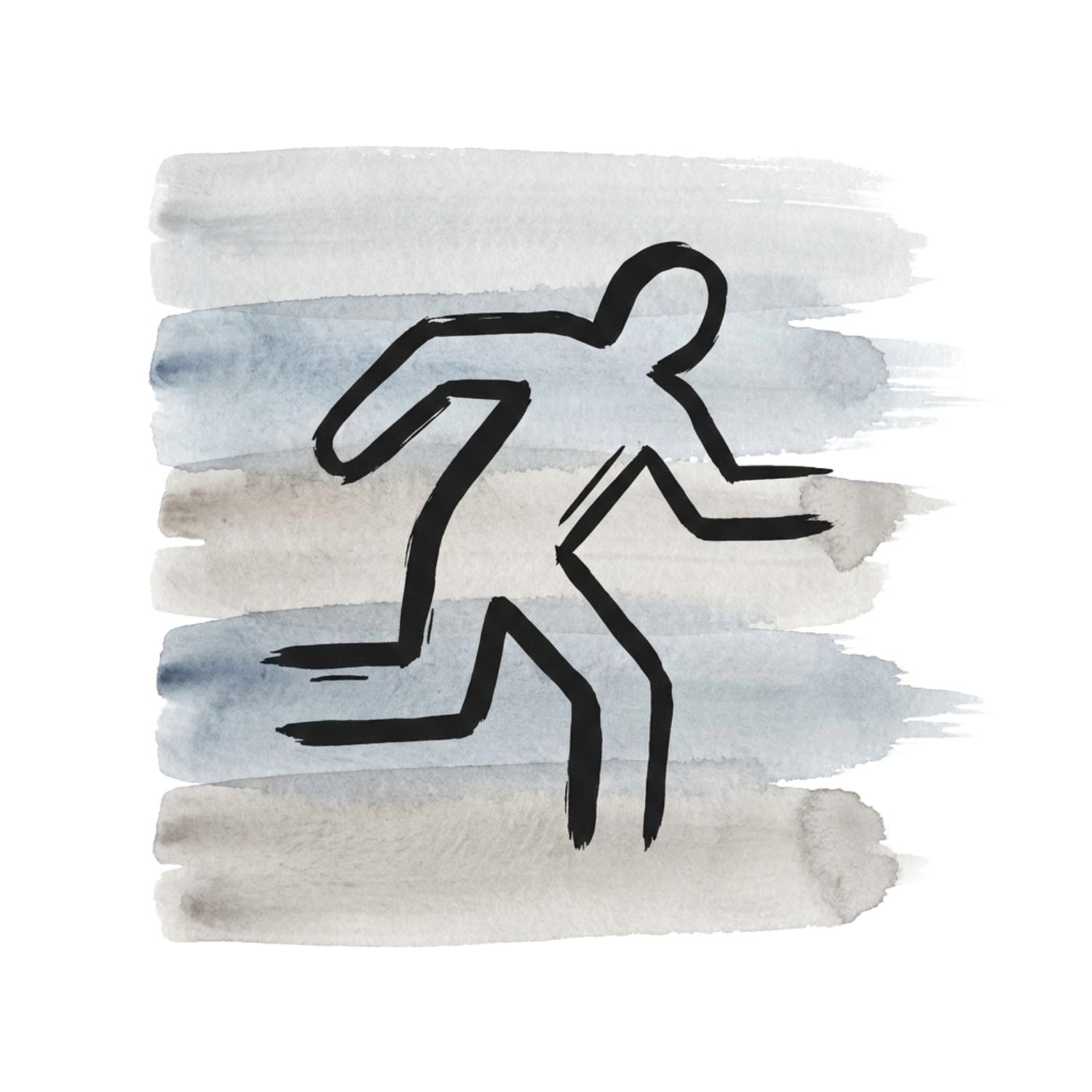 A Saul Bass–inspired ink symbol of an abstract figure or shape angled toward an opening or exit