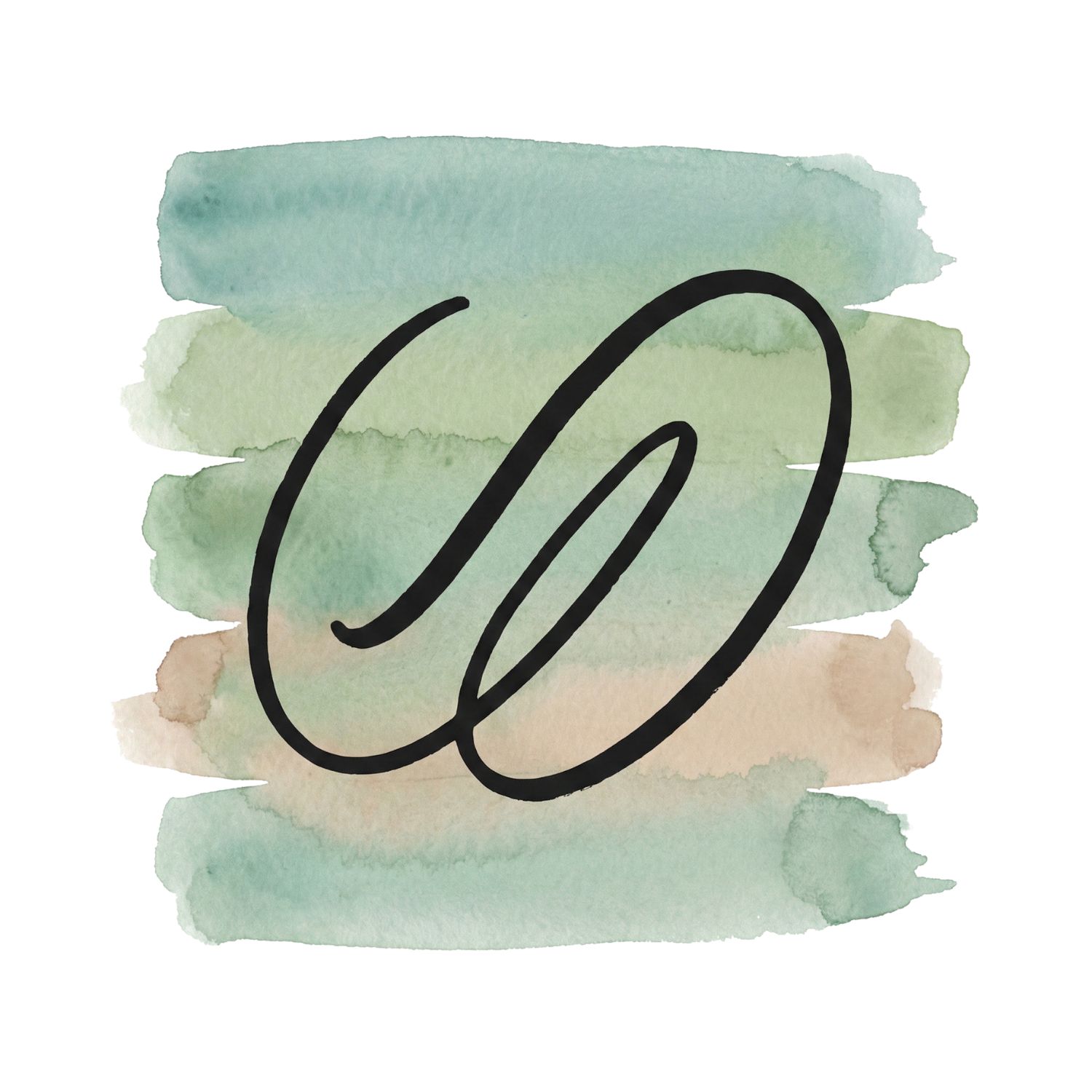 Minimal inkblack flowing line symbol over misted teal and sage watercolor brush strokes on a pure white background.