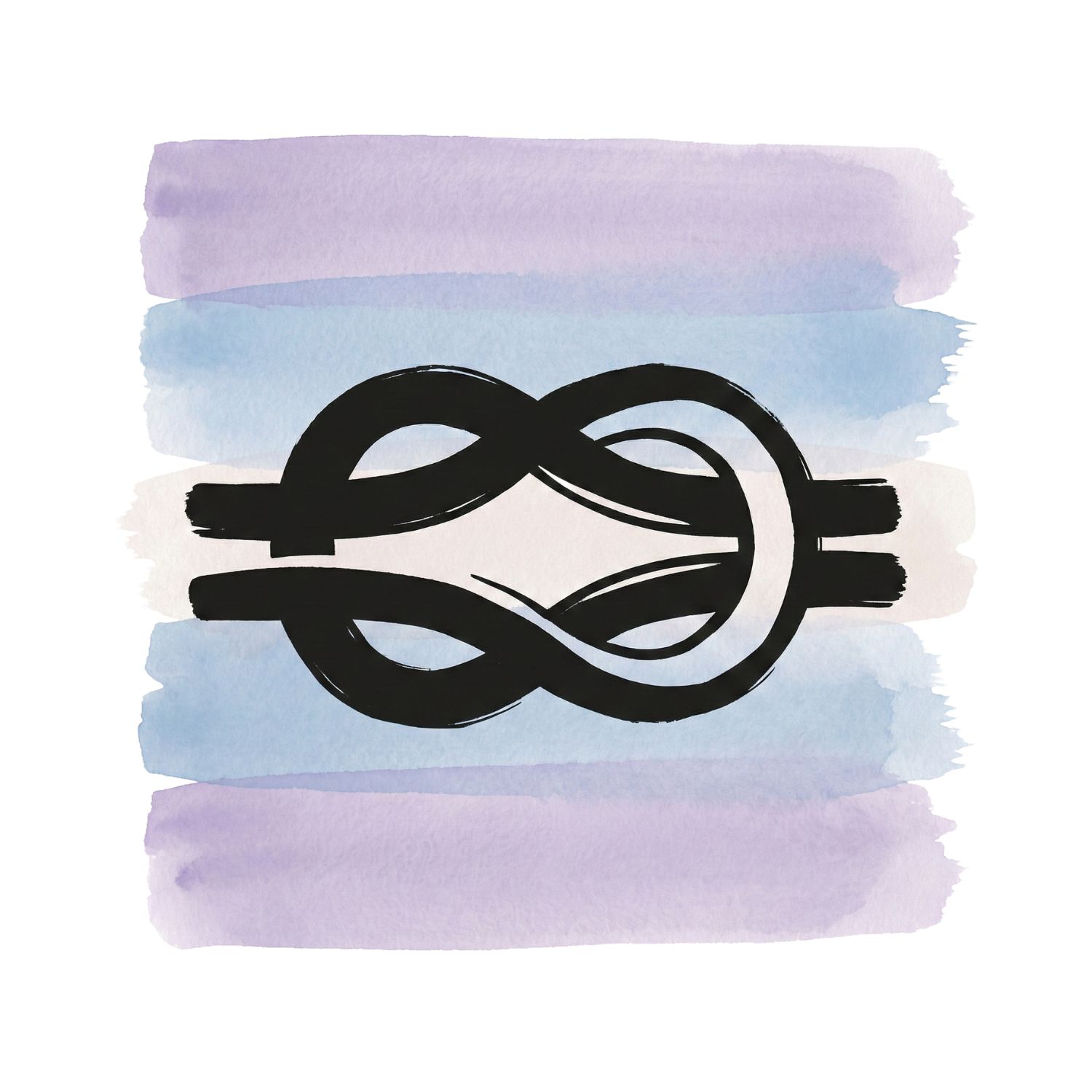 A Saul Bass–inspired ink symbol of a gently opening knot or loosening loop over layered lavender and soft blue watercolor brush strokes on a white background, representing inner release and easing tension.