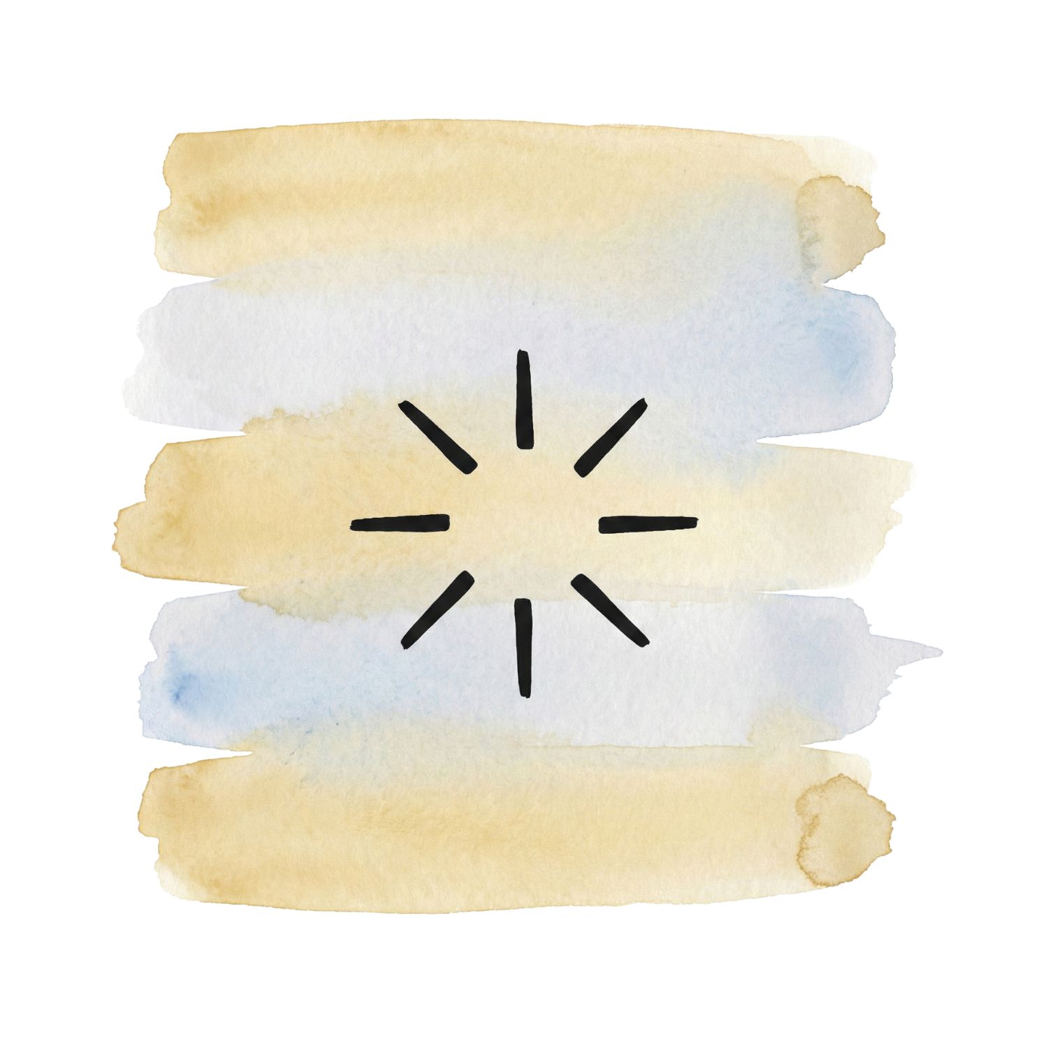 Minimal inkblack radiating flare symbol over pale golden and soft fog watercolor brush strokes on a pure white background.