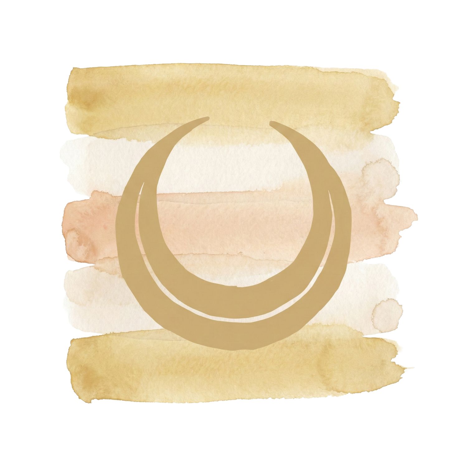 Minimal inkblack balanced form over soft golden hush and warm ivory watercolor brush strokes on a pure white background.