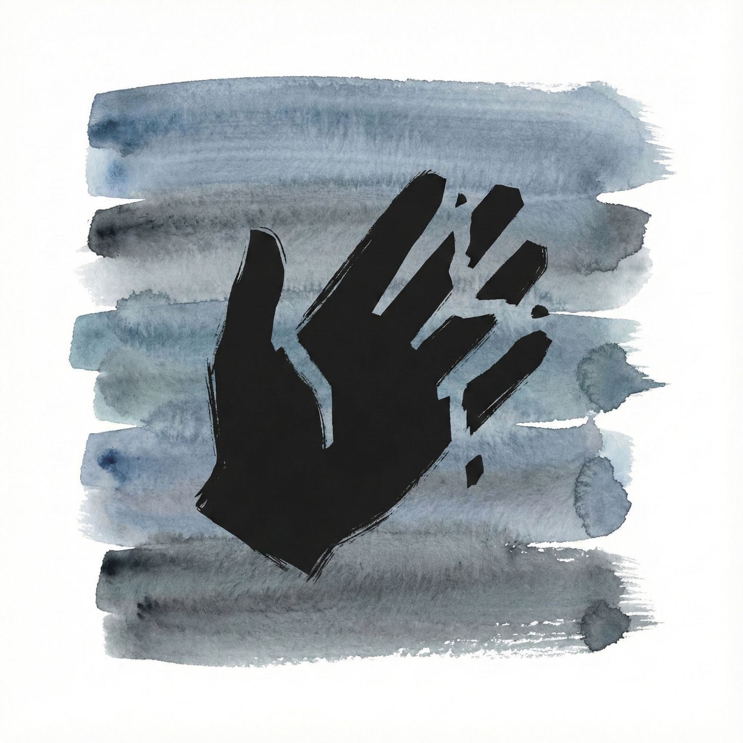 A Saul Bass–inspired ink symbol of a breaking grip or open hand over layered muted blue and gray watercolor brush strokes on a white background.