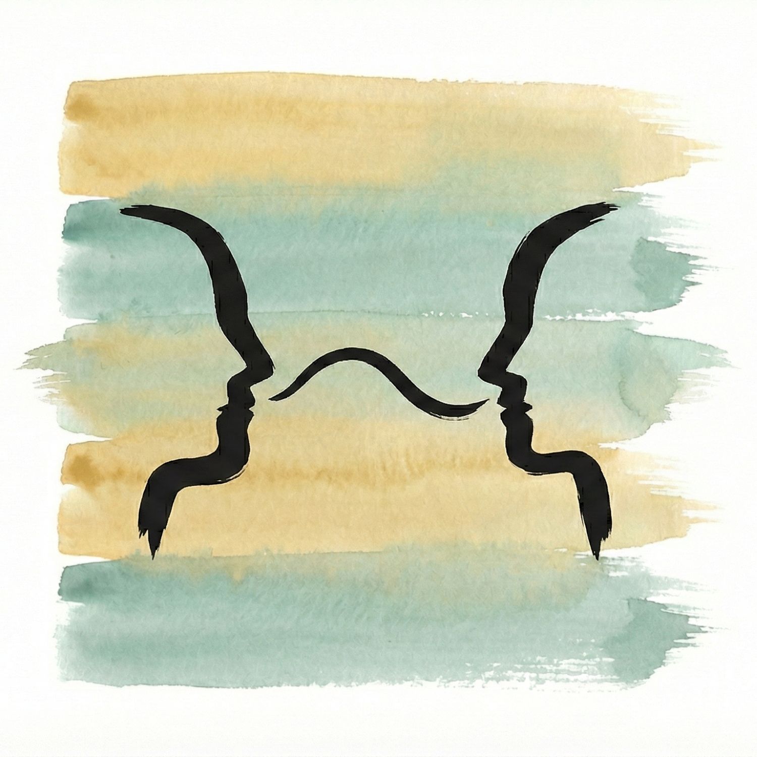 A Saul Bass–inspired ink symbol of two softly overlapping silhouettes over layered golden and teal watercolor brush strokes, suggesting mirrored stories and deepened empathy in recovery.