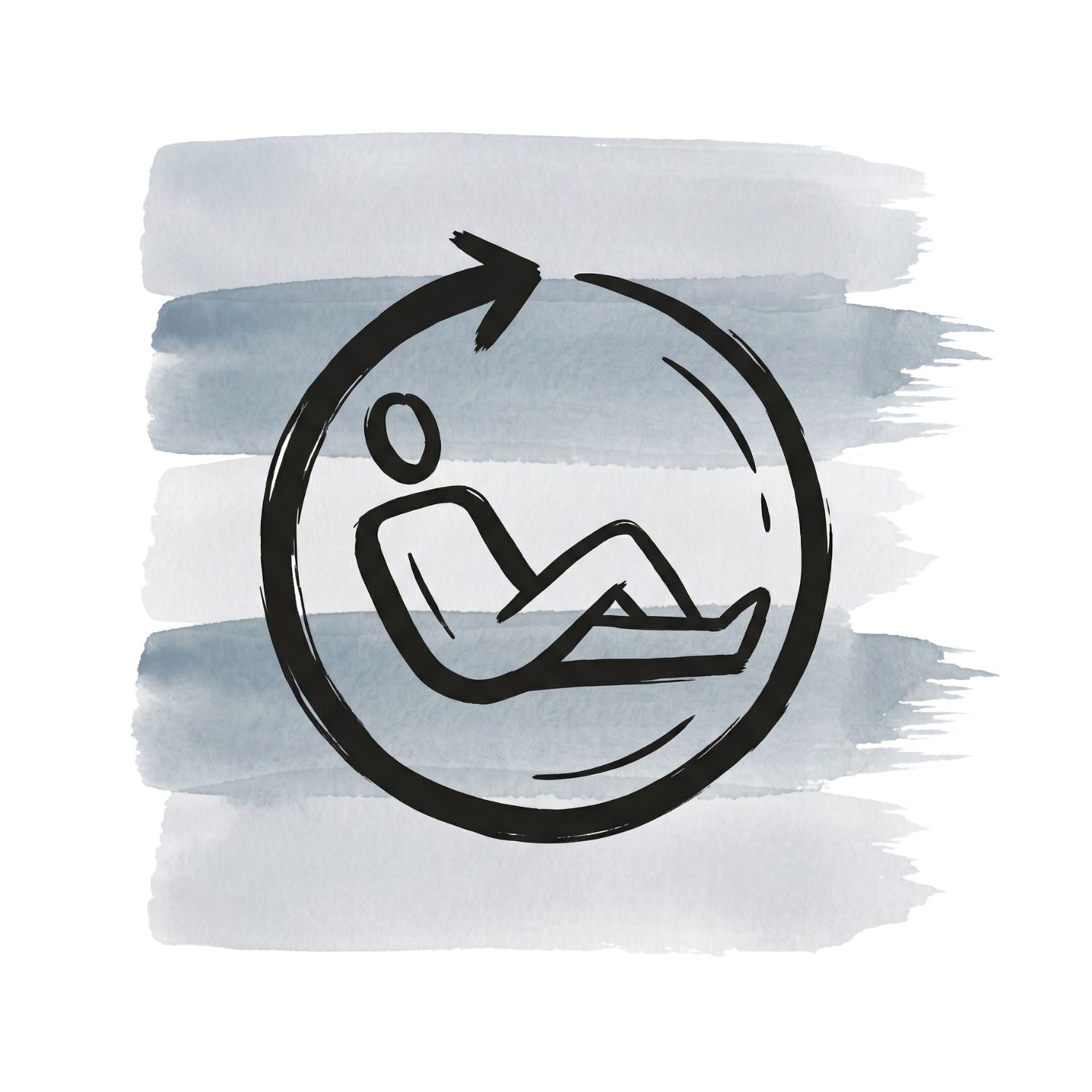 A Saul Bass–inspired ink symbol of a figure reclining within an unfinished circular path over muted gray and soft blue watercolor brush strokes on a white background, representing motion without movement.