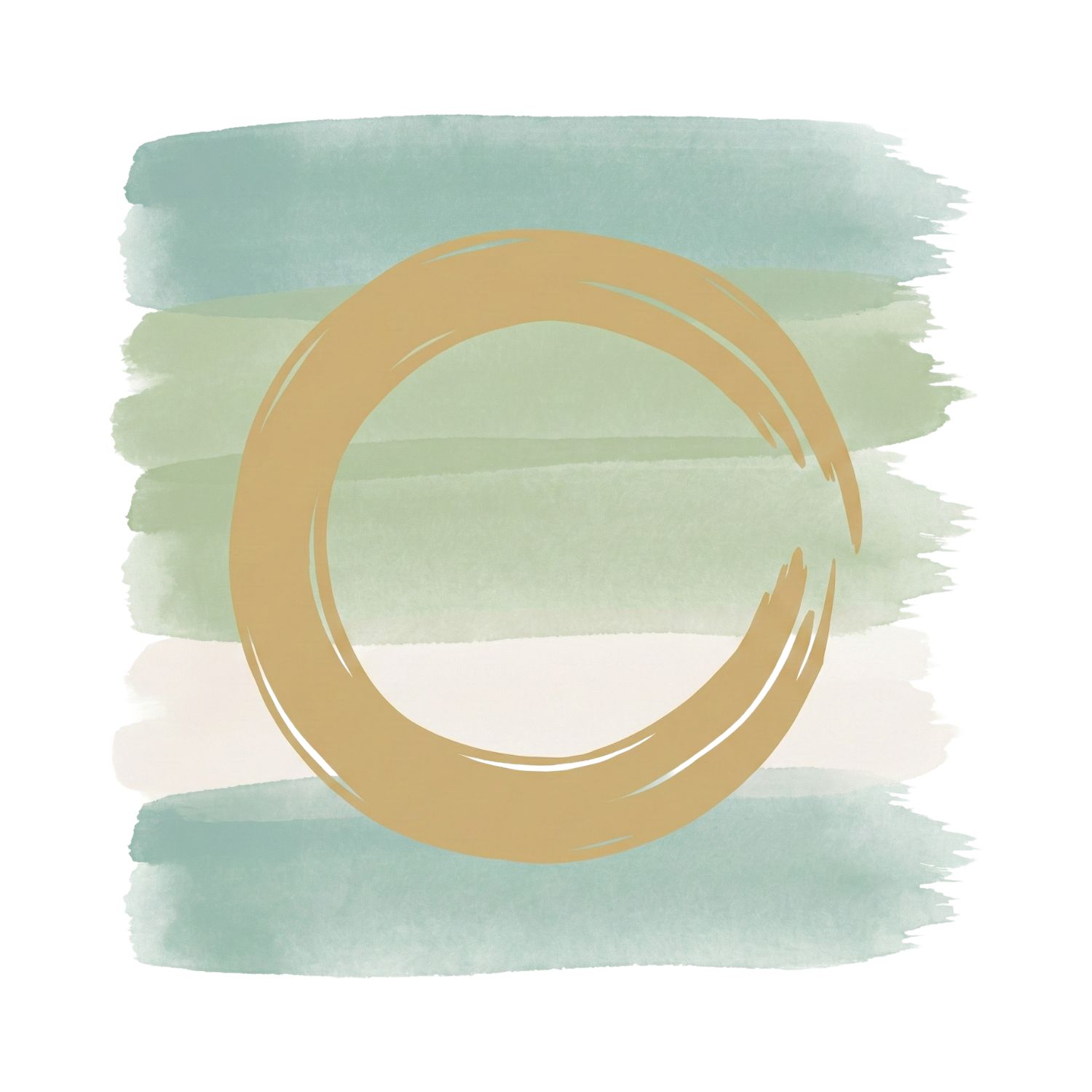 A Saul Bass–inspired ink symbol of a soft open circle or resting arc over layered sage and pale blue watercolor brush strokes on a white background, representing spacious, unhurried time.