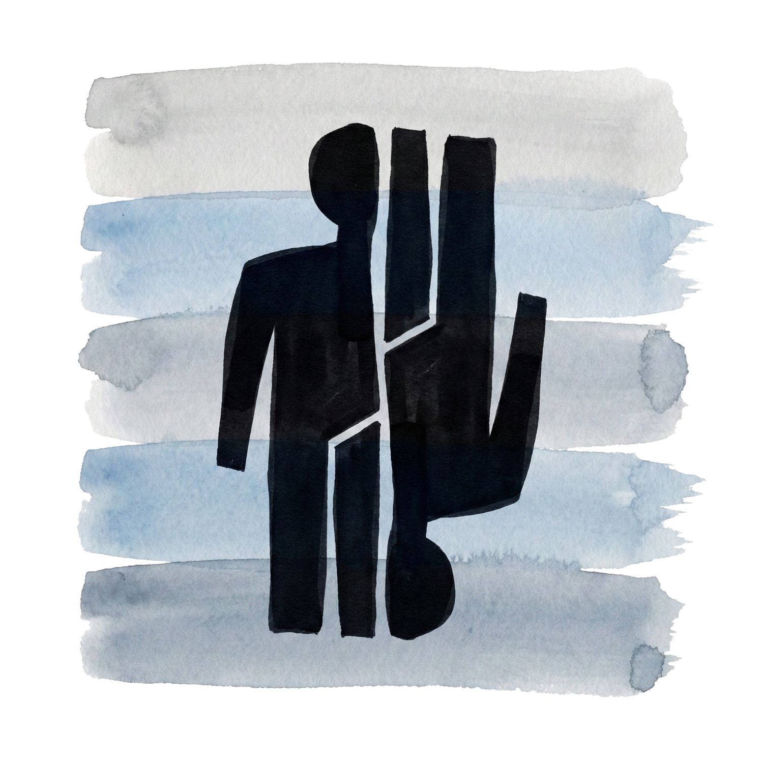 A minimalist ink symbol of a distorted reflection or mirrored figure over muted gray and soft blue watercolor brush strokes, representing recognition without accusation.