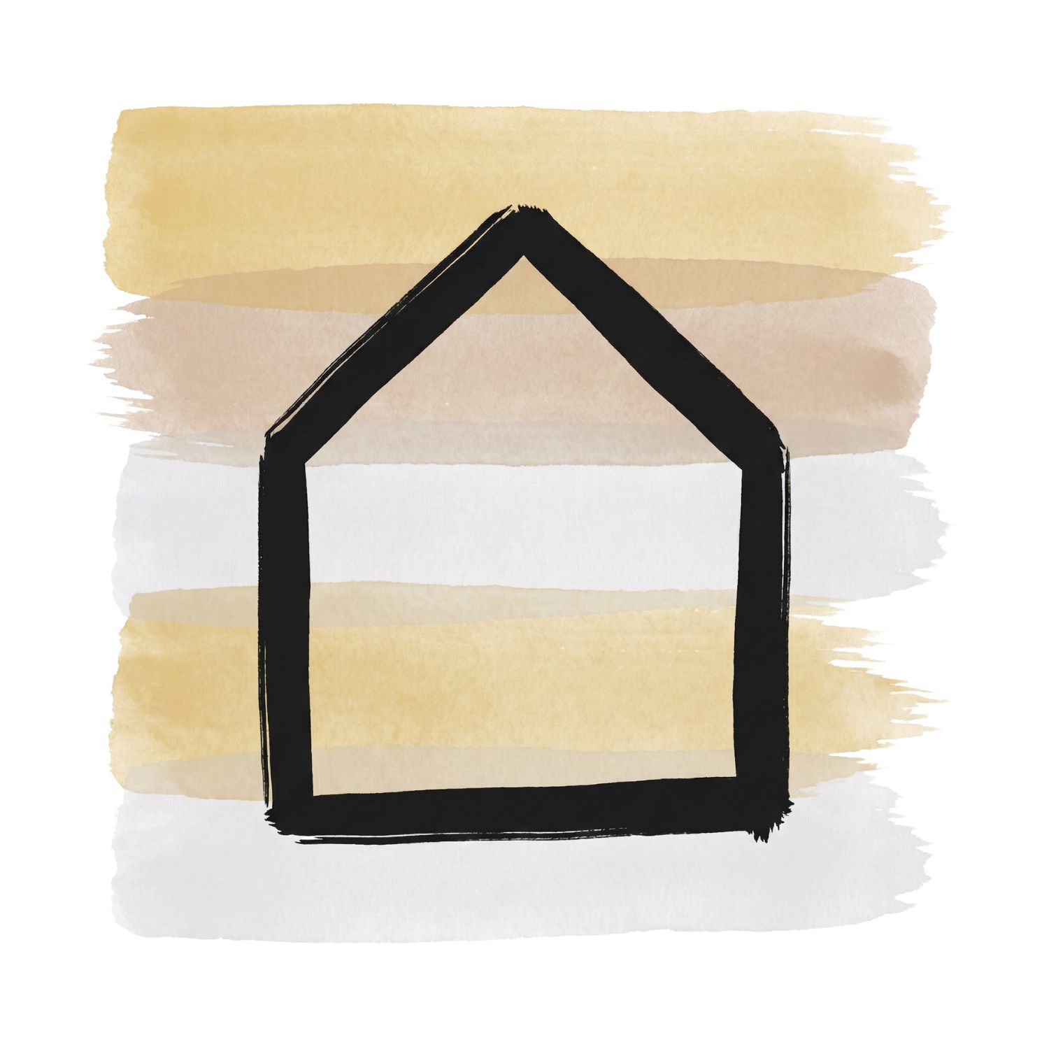 A Saul Bass–inspired ink symbol of a simple house or grounded shape over layered warm sepia and soft gray watercolor brush strokes on a white background, representing ordinary reality without illusion.