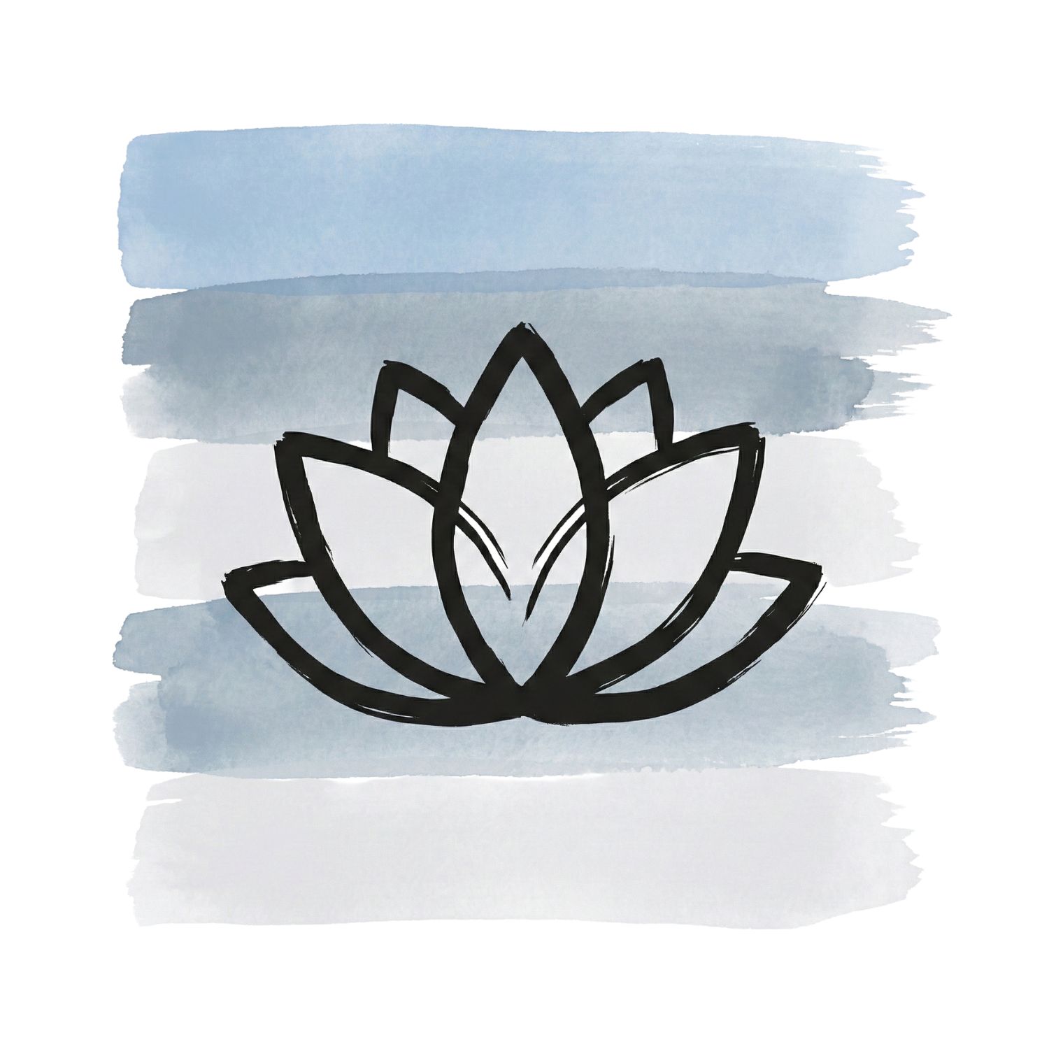 A Saul Bass–inspired ink symbol of a serene lotus-like shape with a subtle crack or misaligned halo over layered pale blue and gray watercolor brush strokes, suggesting calm that is slightly deceptive.