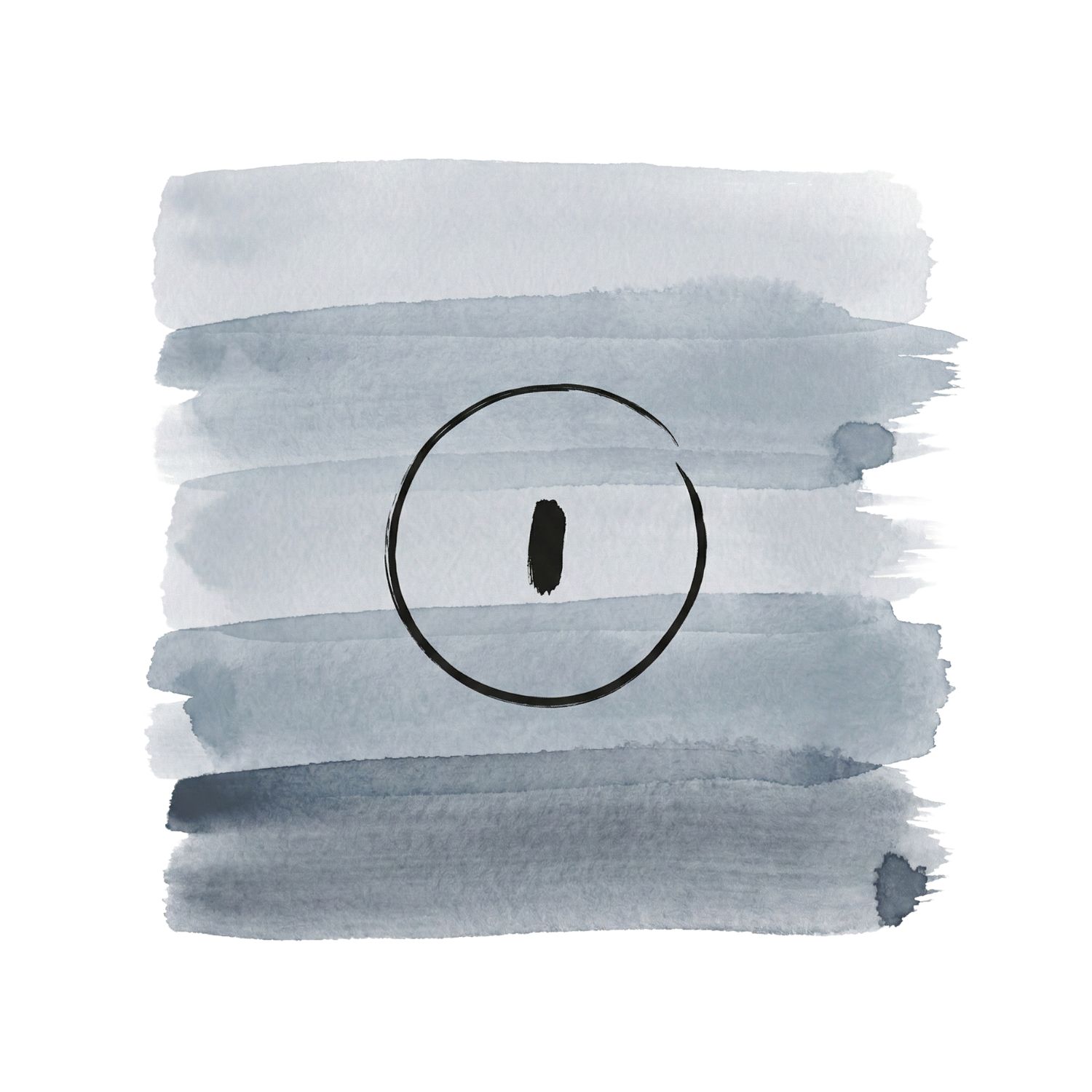 A Saul Bass–inspired ink symbol of a single isolated dot or figure offset from a faint circle over muted gray and blue watercolor brush strokes on a white background, representing separation and perceived uniqueness.