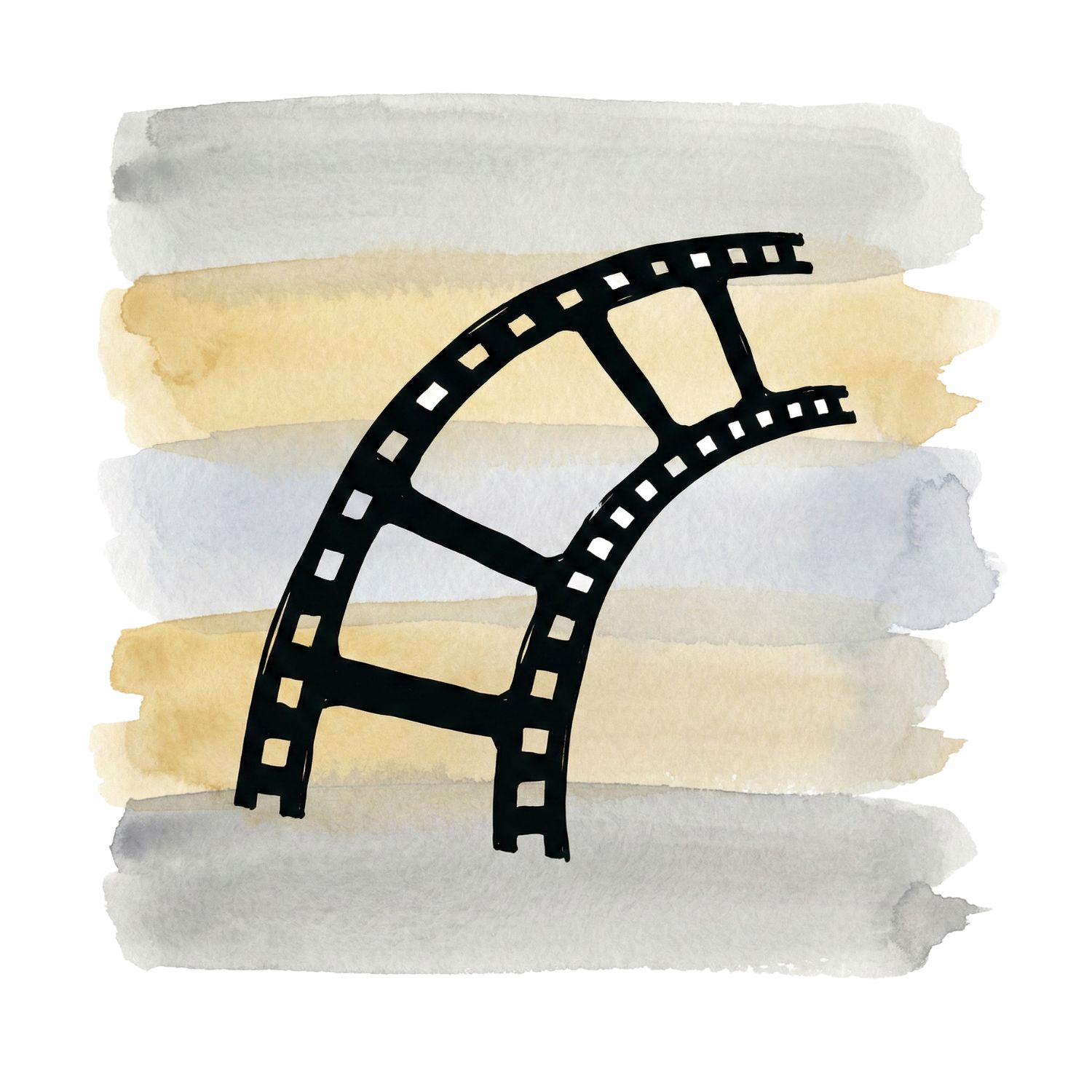 A minimalist ink symbol of a film-strip arc with missing frames over muted gray and pale gold watercolor brush strokes, representing curated memory and omitted consequences.