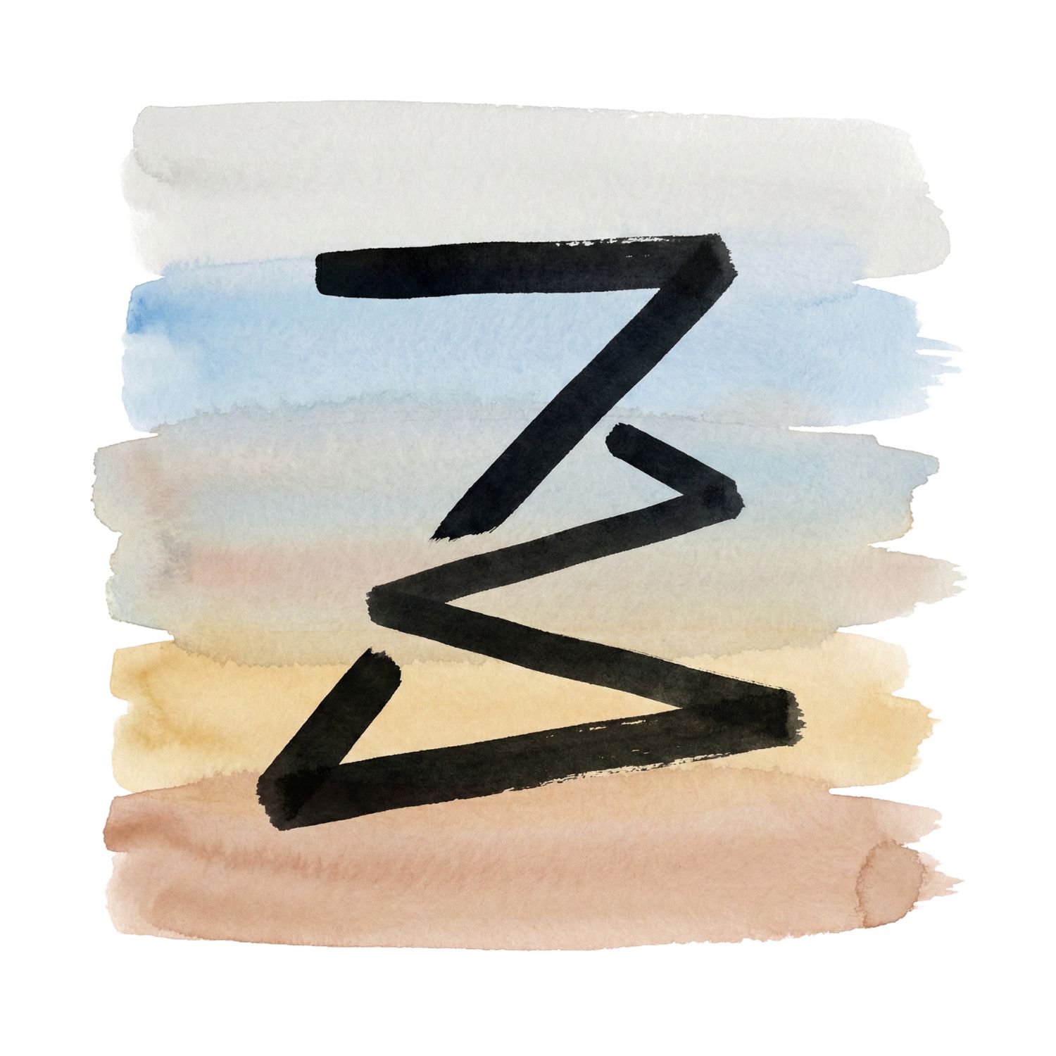 A minimalist ink symbol of a zigzagging upward path over soft earth-toned and sky-colored watercolor brush strokes, representing growth that advances through effort and change.