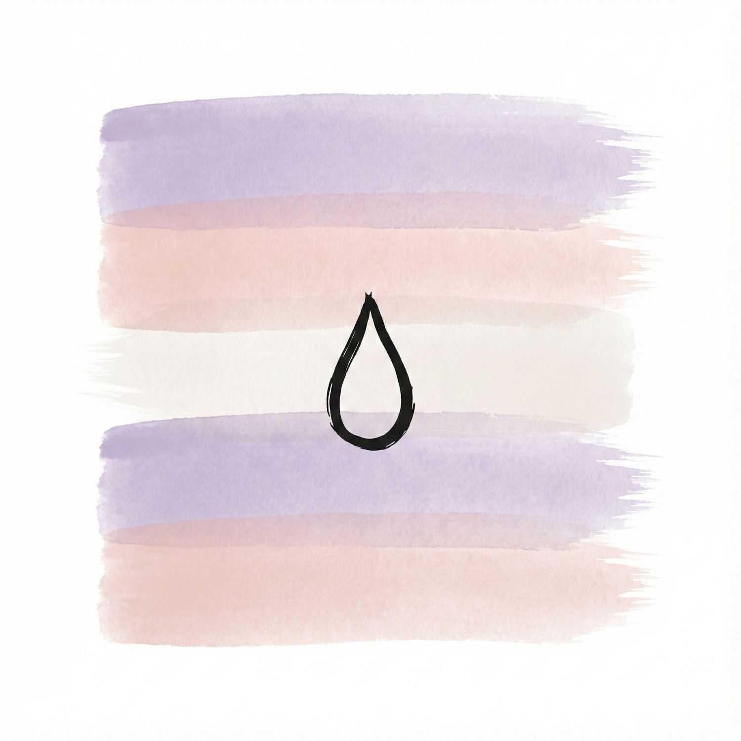 A Saul Bass–inspired ink symbol of a small crack or droplet over layered soft lavender and pale blue watercolor brush strokes on a white background, representing fragile emotional sensitivity.