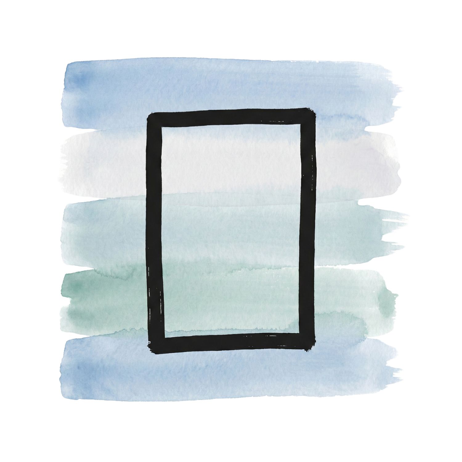 A Saul Bass–inspired ink symbol of an open window or empty frame over layered muted blue and pale gray watercolor brush strokes on a white background, representing unstructured time and quiet restlessness.