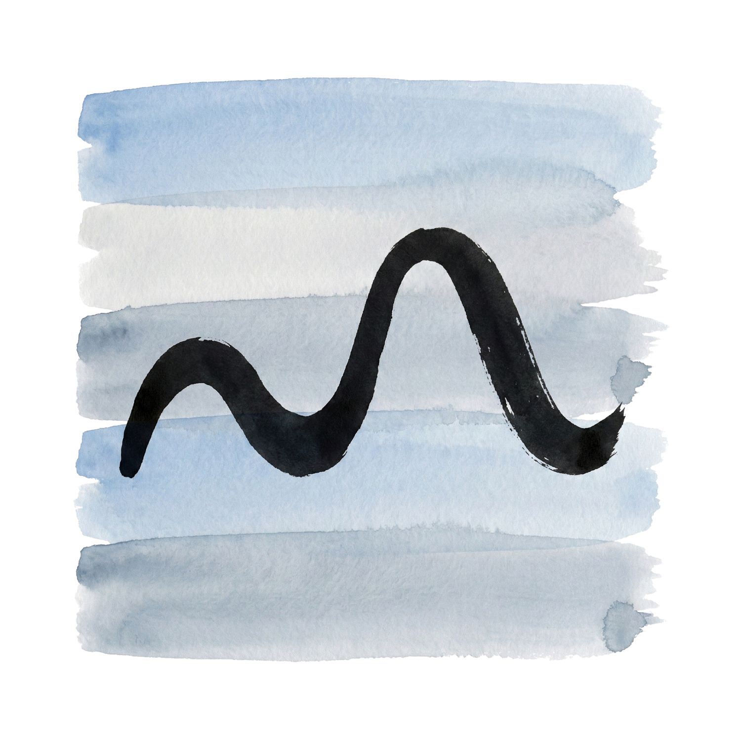 A minimalist ink symbol of a rising and falling wave-like curve over soft blue and gray watercolor brush strokes, representing discomfort that peaks and recedes naturally.
