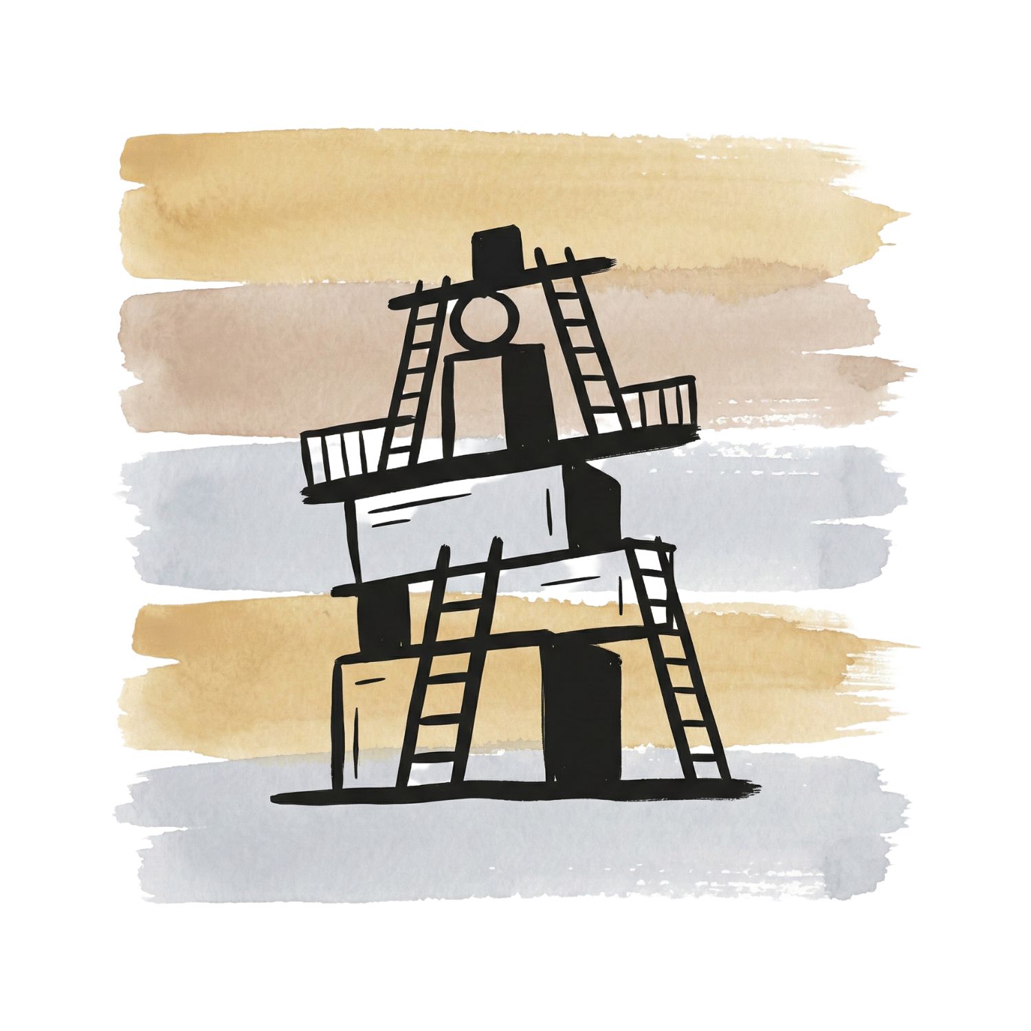 A Saul Bass–inspired ink symbol of a precarious stacked structure or off-balance contraption over muted desert-toned watercolor brush strokes on a white background, representing overengineered plans destined to fail.