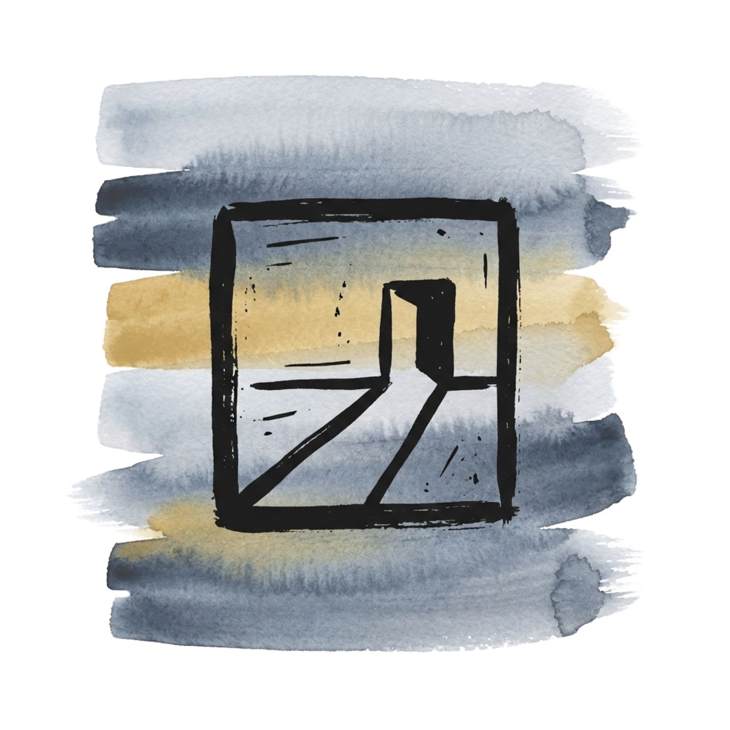 Five horizontal watercolor brush strokes in cool ash and ink blue with a soft-gold accent on white, with a Saul Bass–style ink icon of a doorway-like notch where a path line stops short, implying no escape hatch.