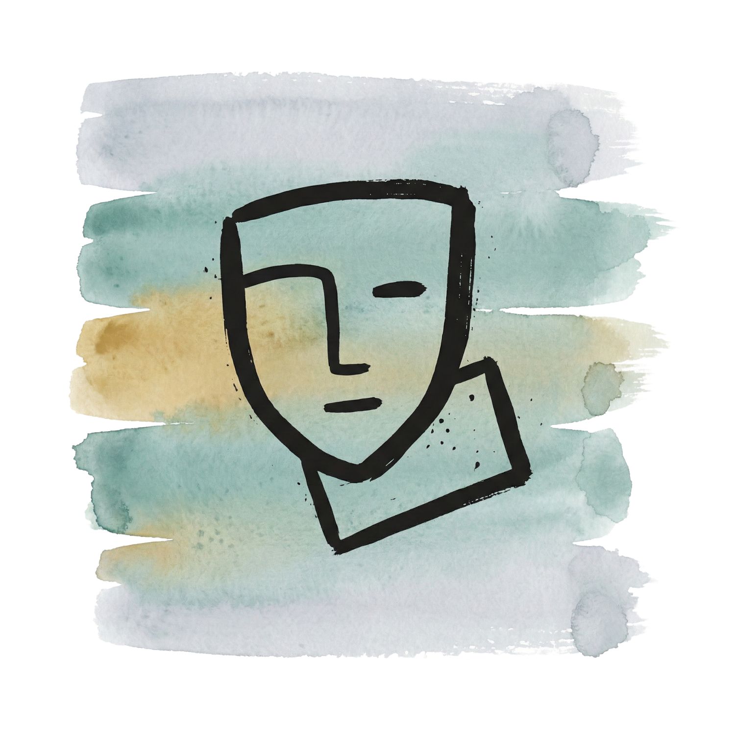 Five horizontal watercolor brush strokes in cool ash and muted teal on white, with a Saul Bass–style ink icon suggesting a mask slipping off a card at center.