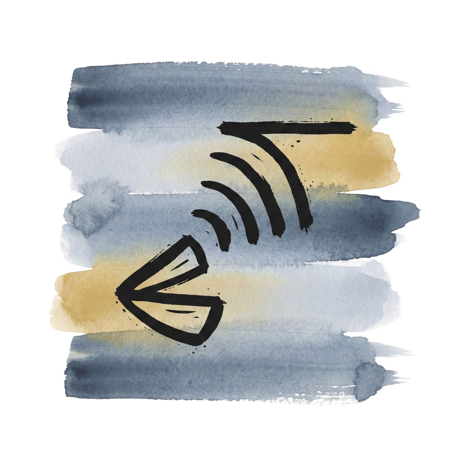 Five horizontal watercolor brush strokes in ink blue and cool ash with a soft-gold accent on white, with a Saul Bass–style ink icon of a sound wedge with ripples that resolve into a sharp straight line.