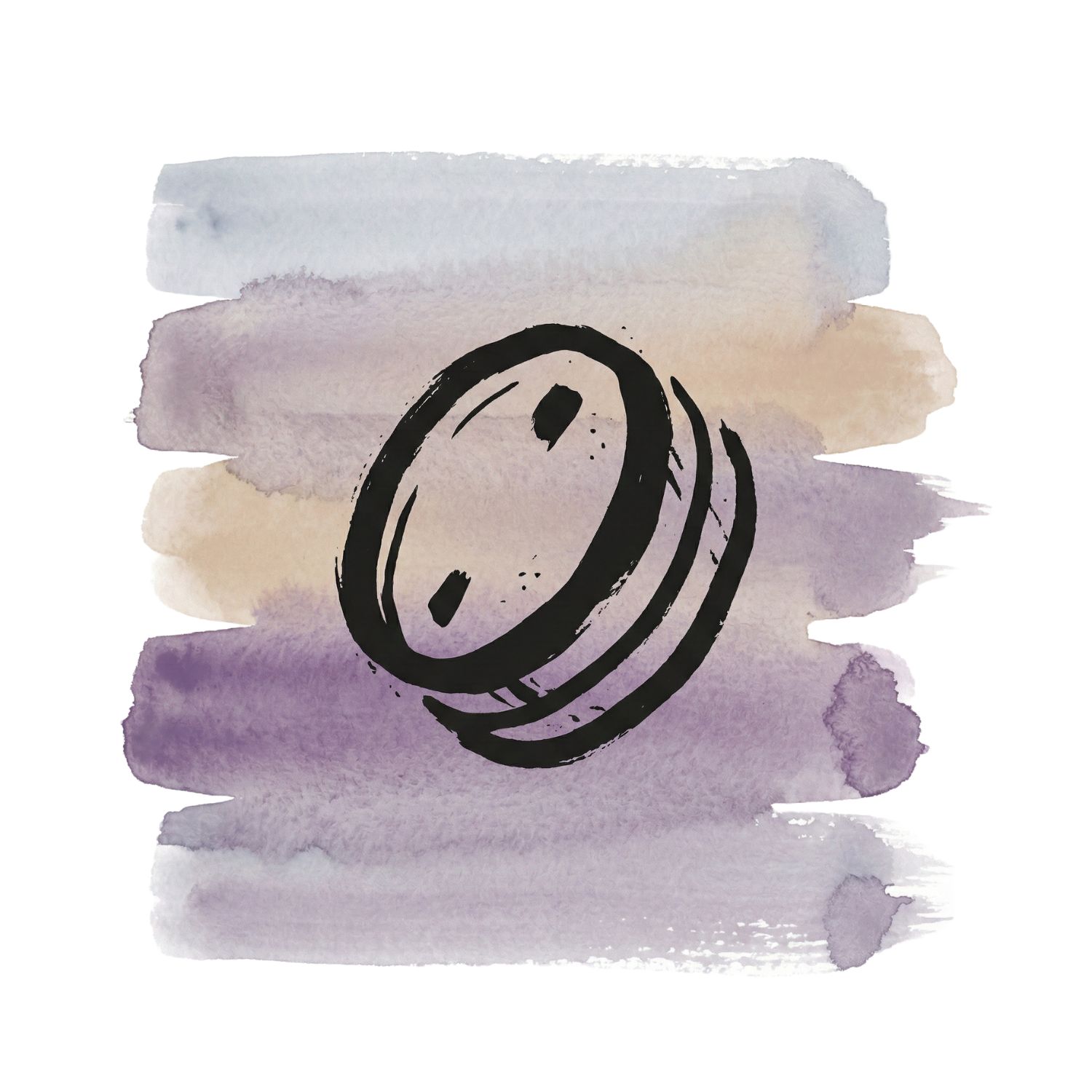 Five horizontal watercolor brush strokes in cool ash, soft clay, and deep lavender on white, with a Saul Bass–style ink icon of a small oval token echoed by two faint offset duplicates.