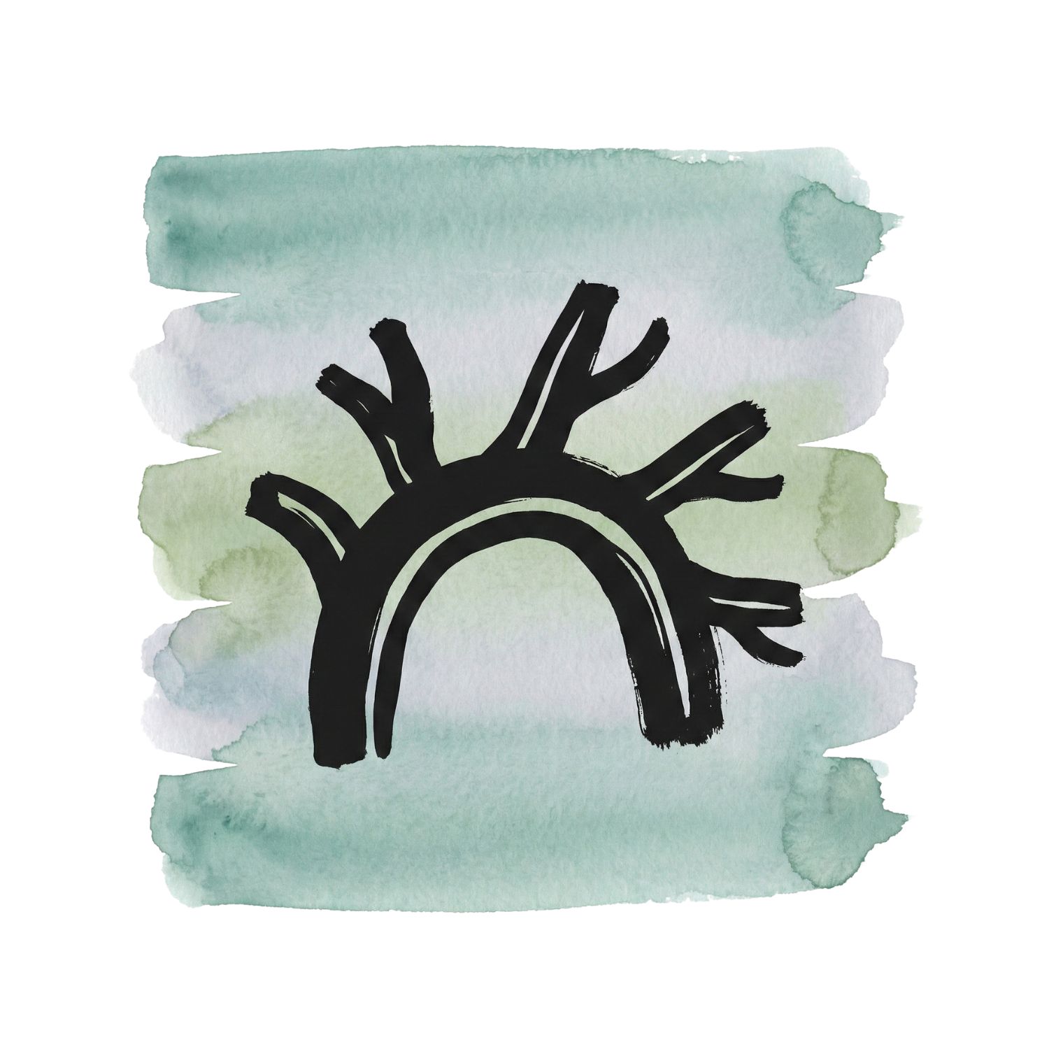 Minimal inkblack multi-headed arc symbol over muted teal and cool ash watercolor brush strokes on a pure white background.