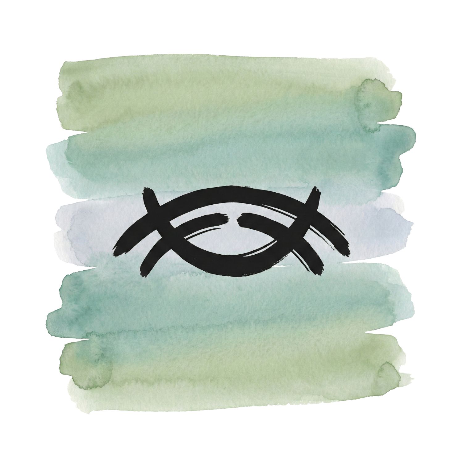 Minimal inkblack bridging arc symbol over soft sage and cool ash watercolor brush strokes on a pure white background.