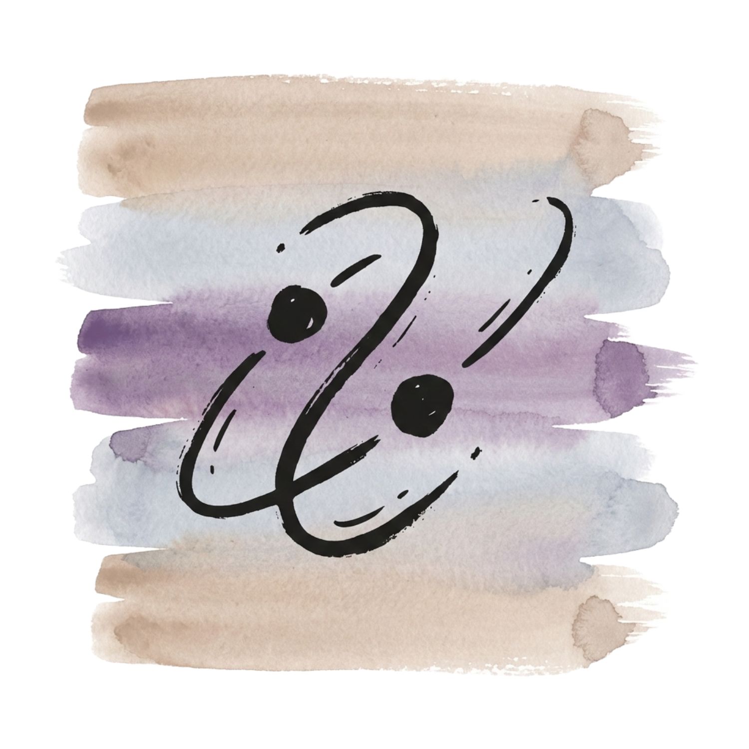 Five horizontal watercolor brush strokes in soft clay, cool ash, and deep lavender on white, with a Saul Bass–style ink icon of two small dots on curved paths that start near each other and drift apart.