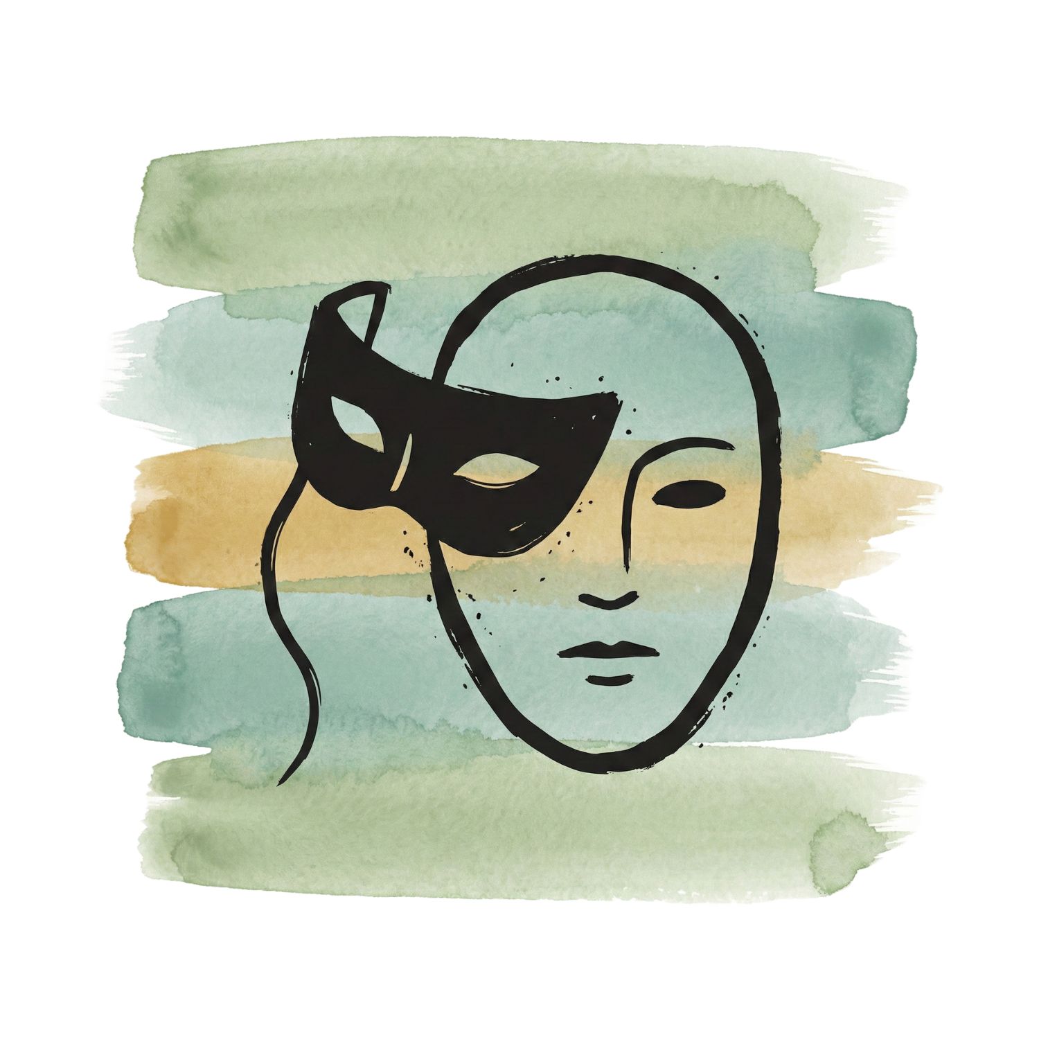 Five horizontal watercolor brush strokes in sage green and misted teal with a soft-gold accent on white, with a Saul Bass–style ink icon of a half-mask slipping off a minimal face outline.