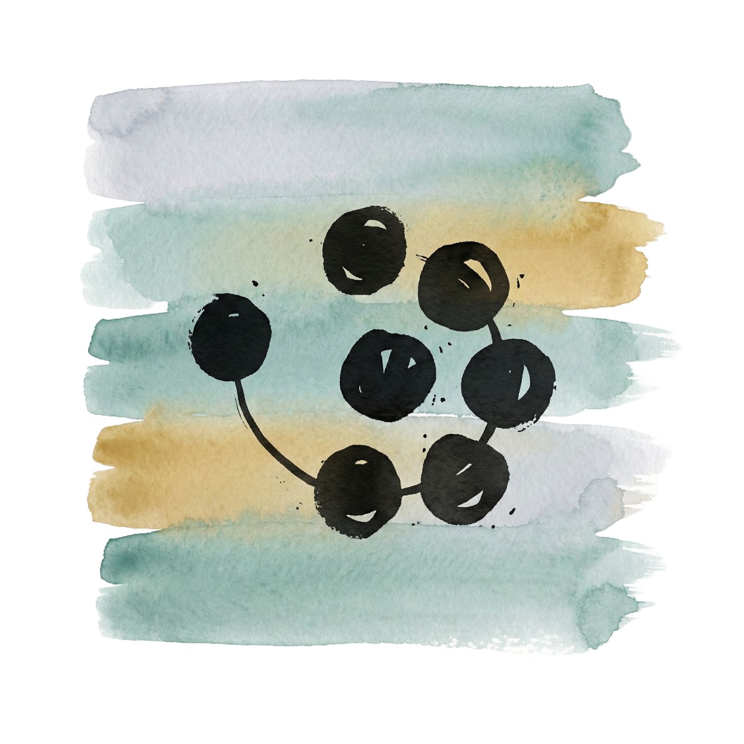 Five horizontal watercolor brush strokes in cool ash and misted teal with a soft-gold accent on white, with a Saul Bass–style ink icon of a clustered group of dots and one offset dot connected back into the group.