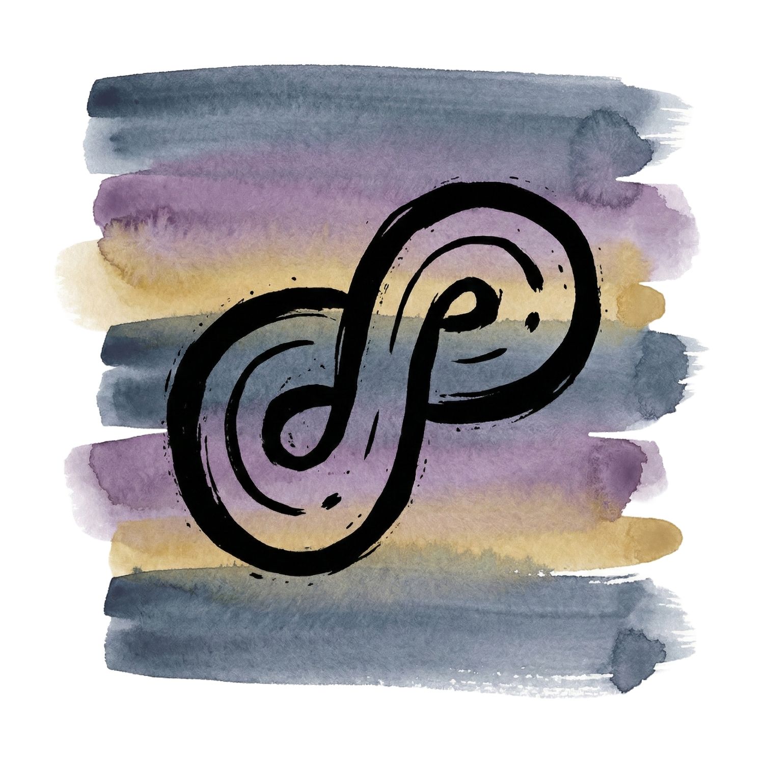 Five horizontal watercolor brush strokes in ink blue and deep lavender with a soft-gold accent on white, with a Saul Bass–style ink icon of a looping misdirection path that doubles back toward a small hidden dot.