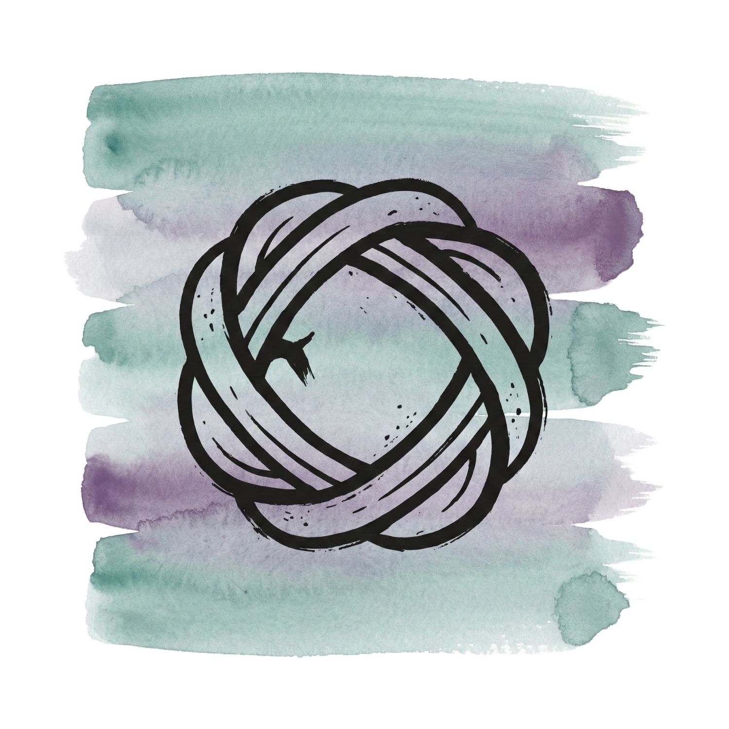 Five horizontal watercolor brush strokes in misted teal, cool ash, and deep lavender on white, with a Saul Bass–style ink icon of interlaced bands forming a woven loop with a small snag.