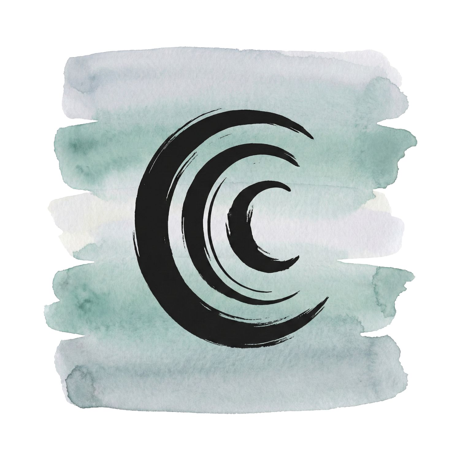 Minimal inkblack ripple arc symbol over soft cool ash and muted teal watercolor brush strokes on a pure white background.