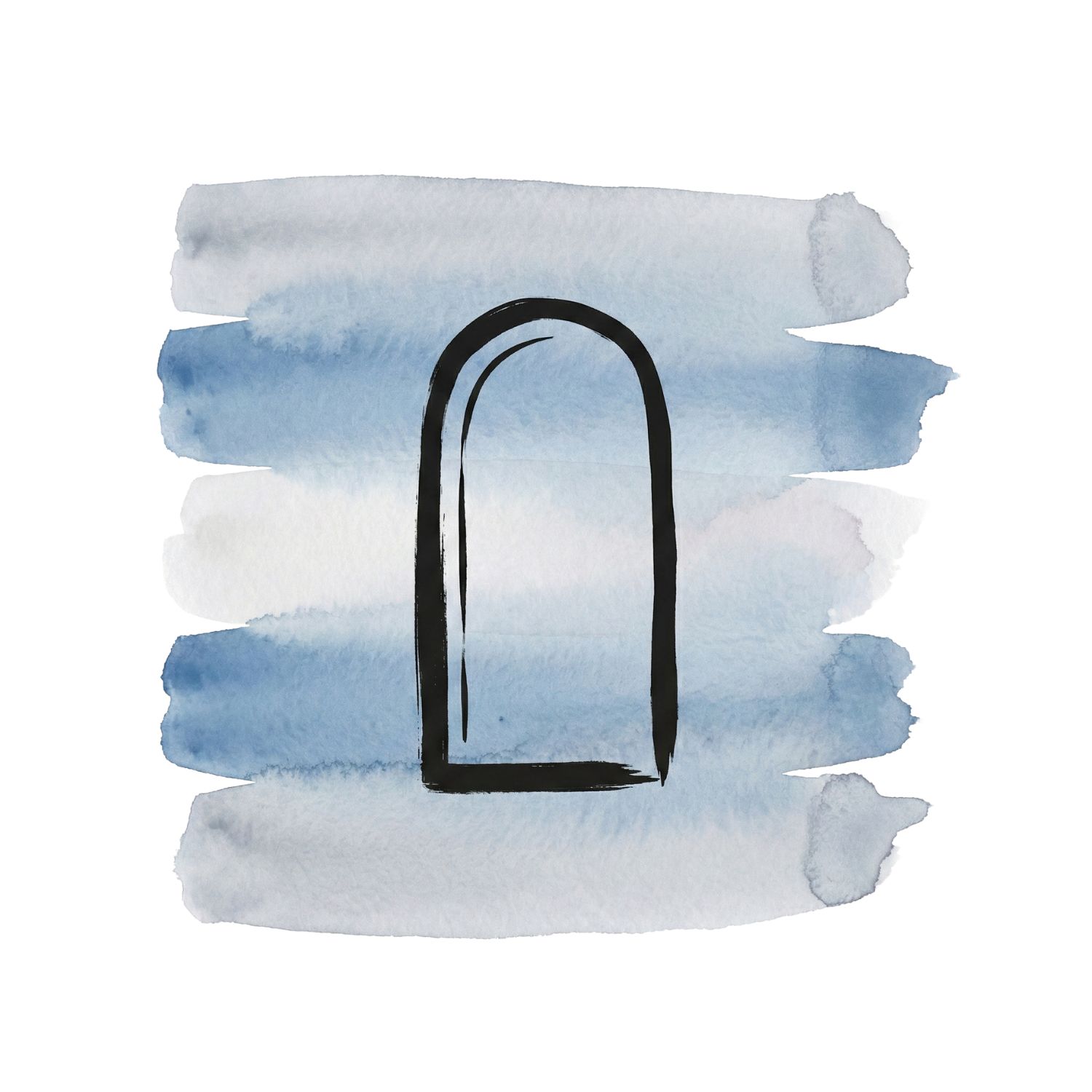 Minimal inkblack liminal arch symbol over cool ash and muted blue watercolor brush strokes on a pure white background.