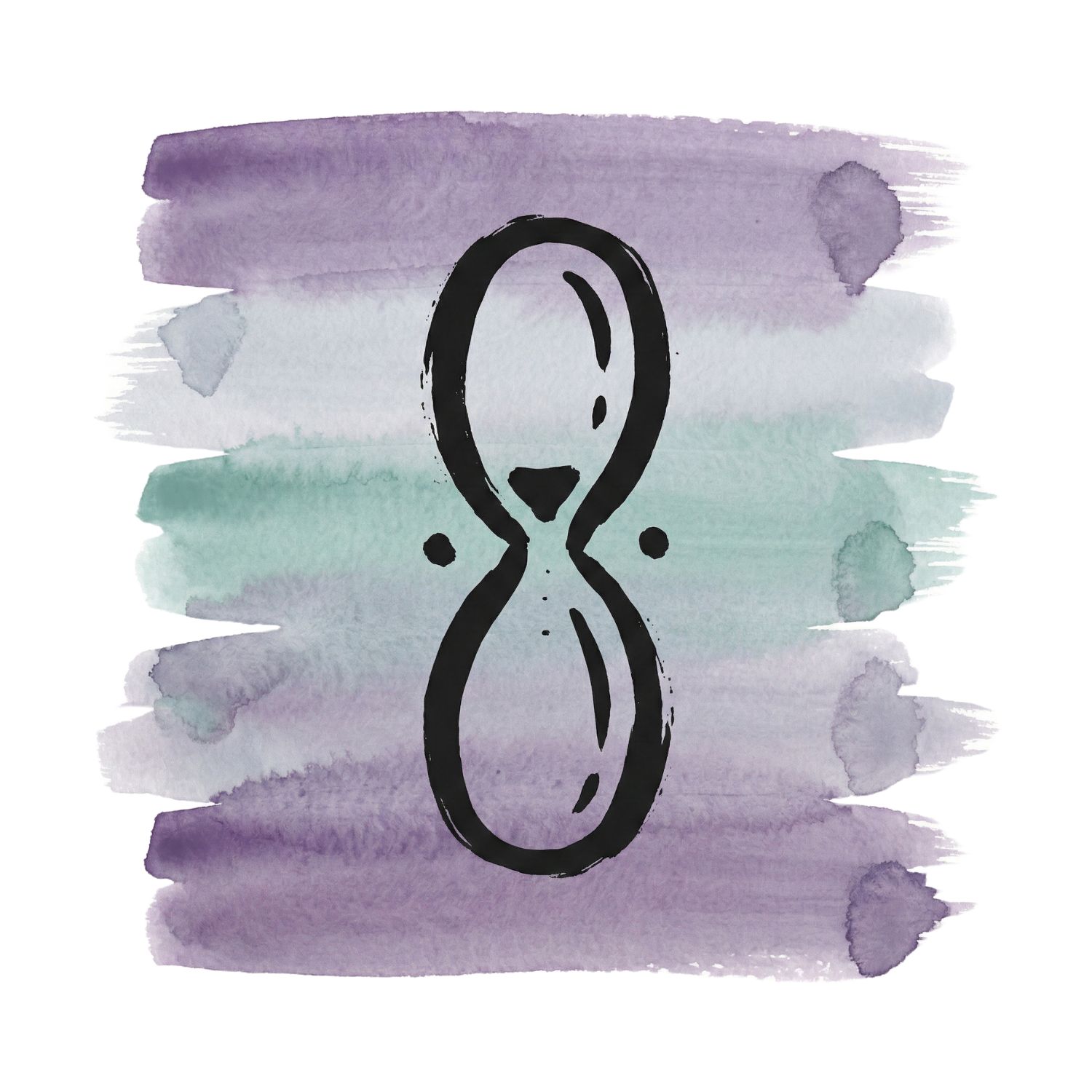 Five horizontal watercolor brush strokes in deep lavender, cool ash, and misted teal on white, with a Saul Bass–style ink icon of an abstract hourglass shape with two small drifting dots nearby.