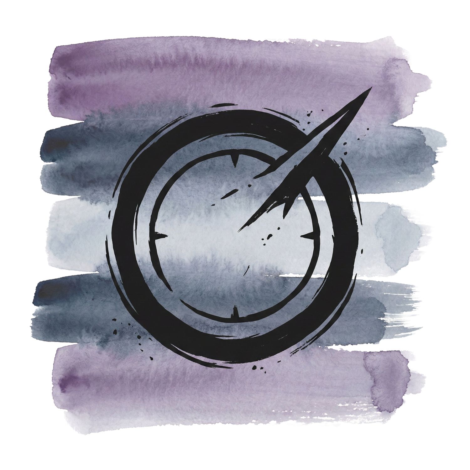 Saul Bass–style thorned seal icon over five horizontal watercolor brush strokes on a white background.
