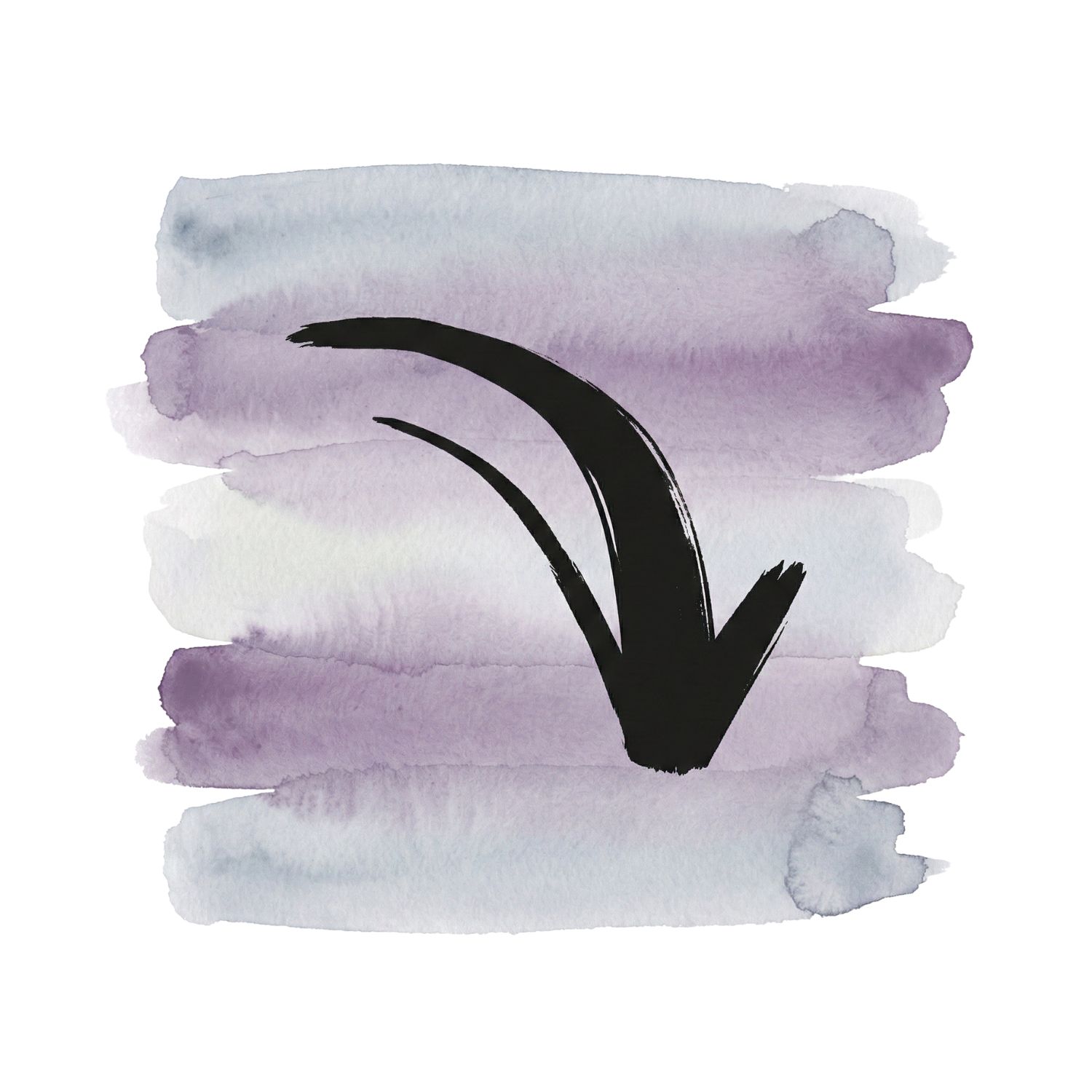 Minimal inkblack inward-dropping curve symbol over soft cool ash and muted lavender watercolor brush strokes on a pure white background.