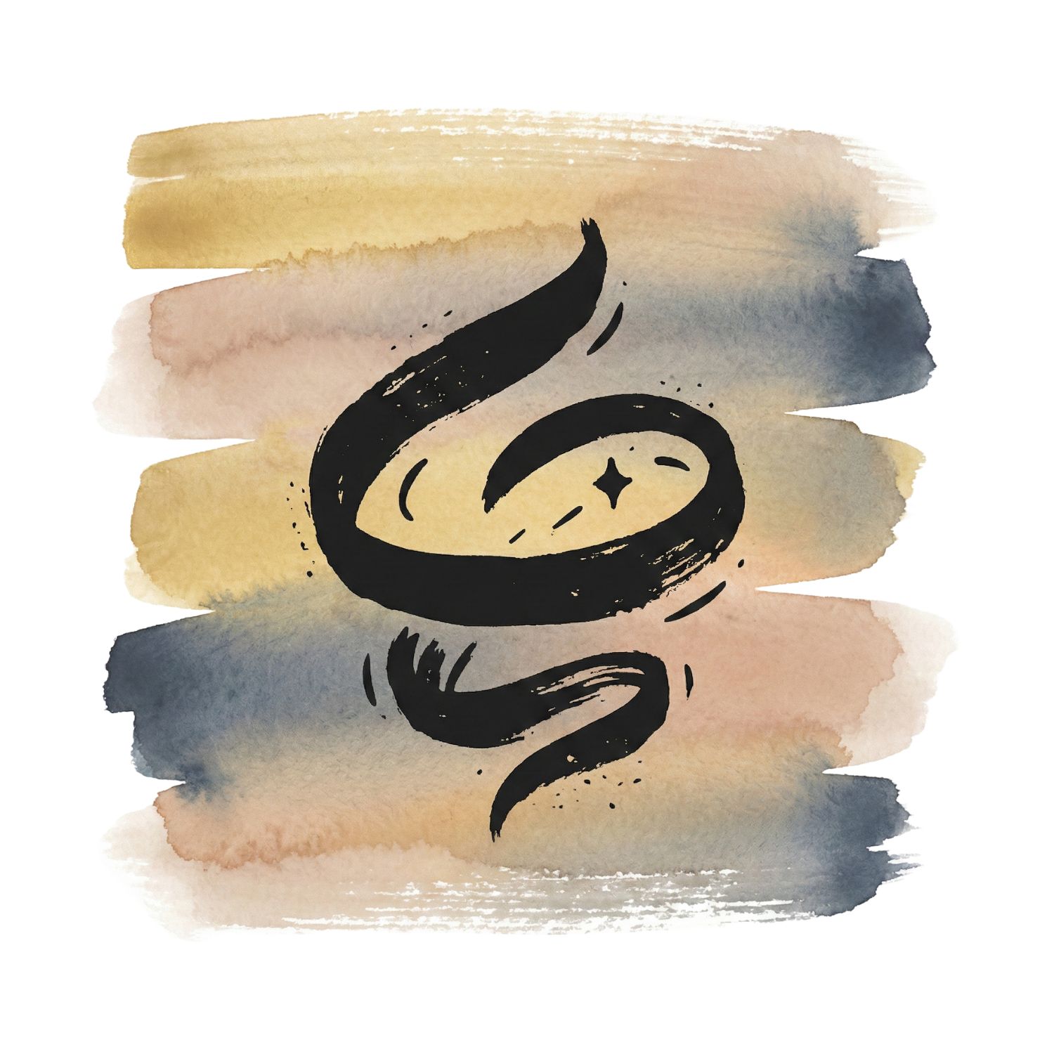 Five horizontal watercolor brush strokes in soft gold and soft clay with an ink blue accent on white, with a Saul Bass–style ink icon of a swirling spiral ribbon containing a small spark-like dot.