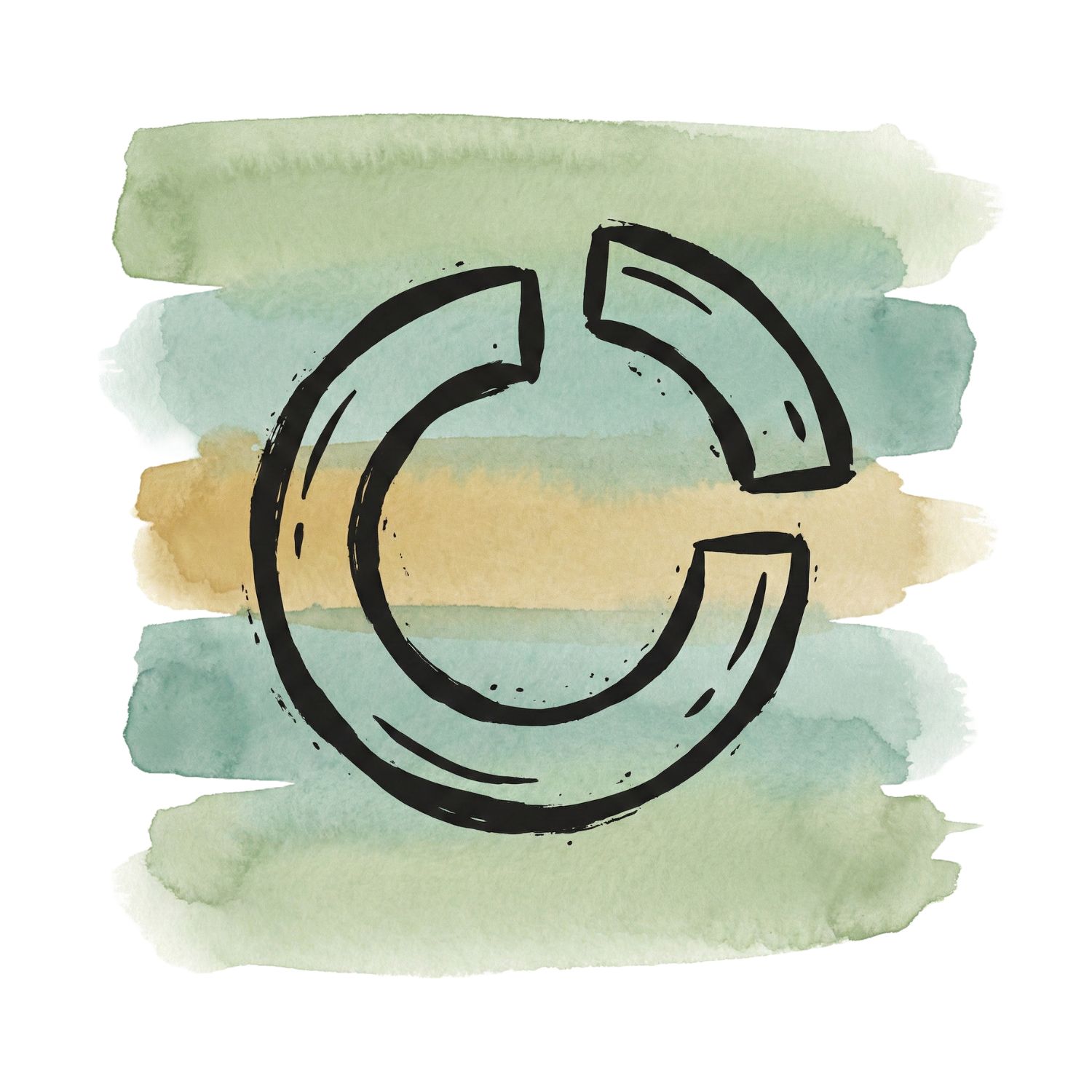 Five horizontal watercolor brush strokes in sage green and misted teal with a soft-gold accent on white, with a Saul Bass–style ink icon of a broken ring with a small segment floating into place to repair it.