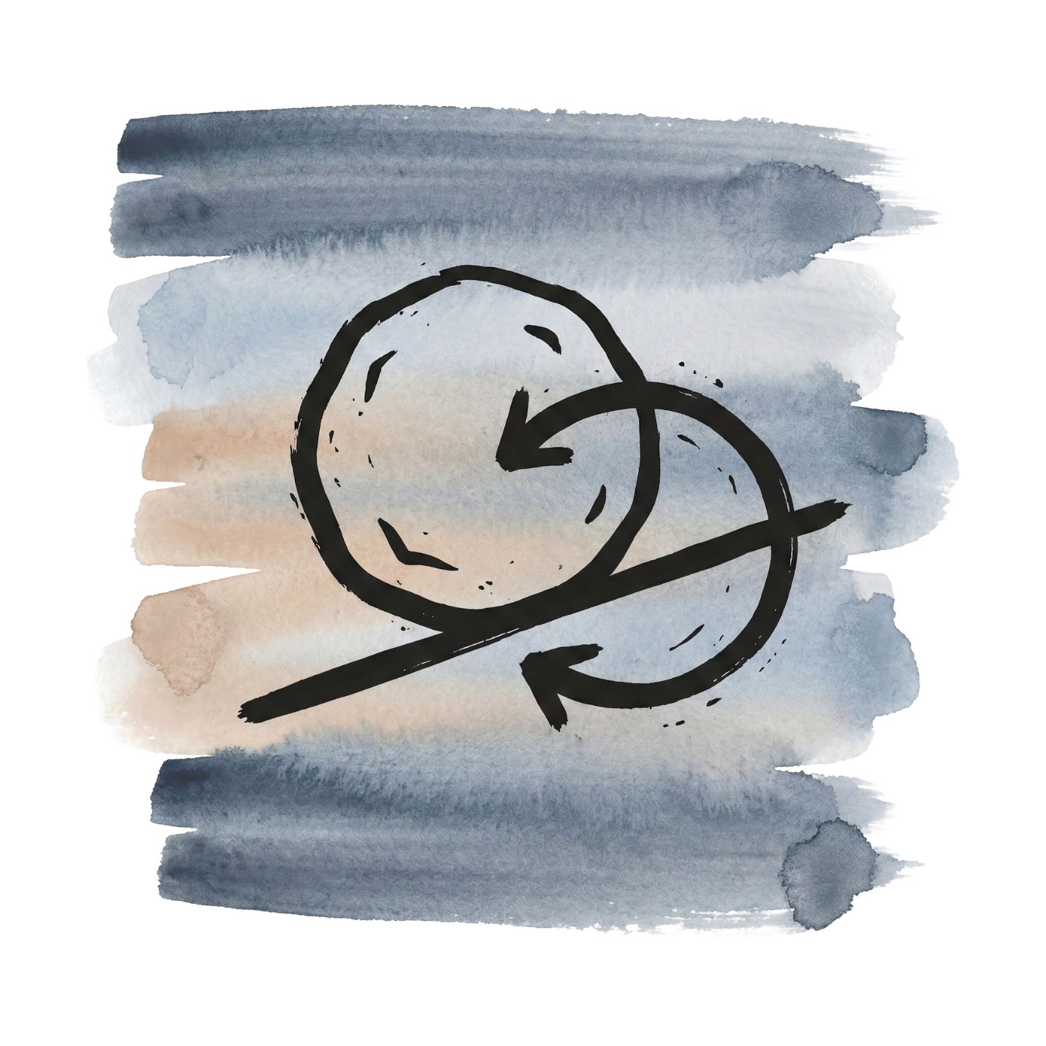 Five horizontal watercolor brush strokes in ink blue and cool ash with a soft clay accent on white, with a Saul Bass–style ink icon of a boulder on a slanted line with a looping arrow returning it to the start.