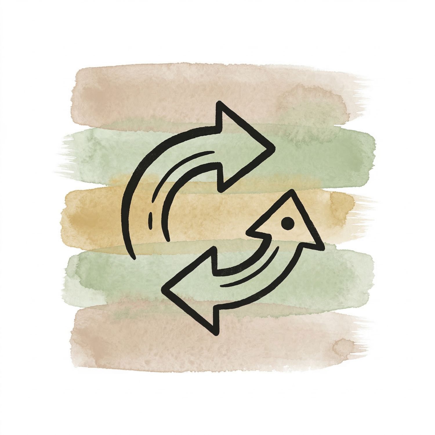 Five horizontal watercolor brush strokes in soft clay and sage green with a soft-gold accent on white, with a Saul Bass–style ink icon of two arrows in a loop, one larger and one smaller, with a small dot on the smaller arrow to suggest receiving.