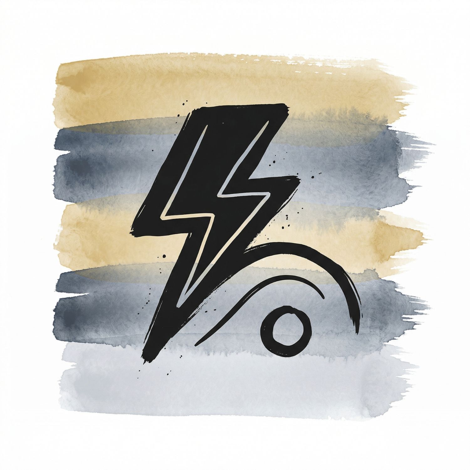 Five horizontal watercolor brush strokes in soft gold and ink blue with a cool ash accent on white, with a Saul Bass–style ink icon of a sharp flash shape that transitions into a calmer curved line or small circle.