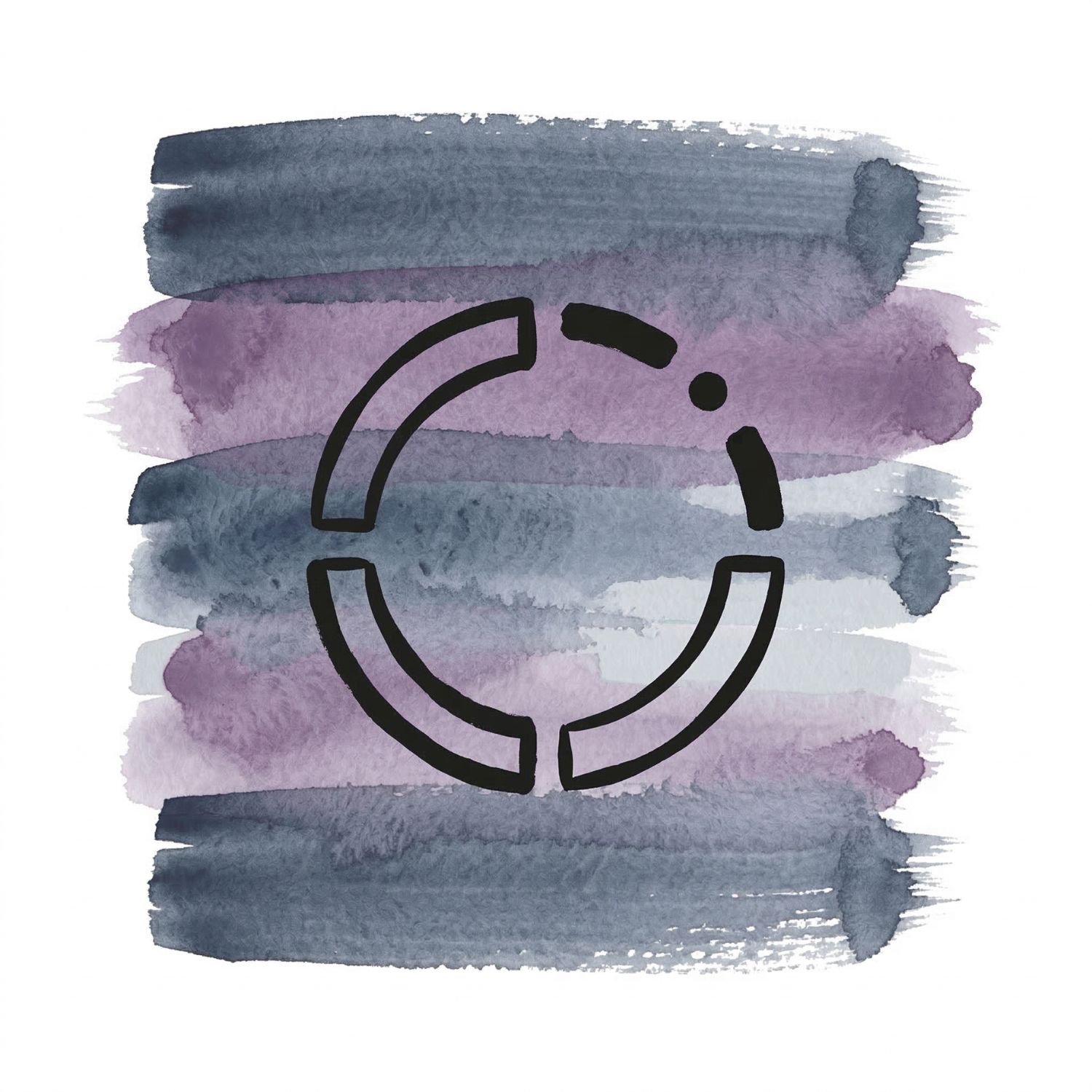 Five horizontal watercolor brush strokes in ink blue and deep lavender with a cool ash accent on white, with a Saul Bass–style ink icon of a broken circle made of separated segments and a small dot hovering near a gap.