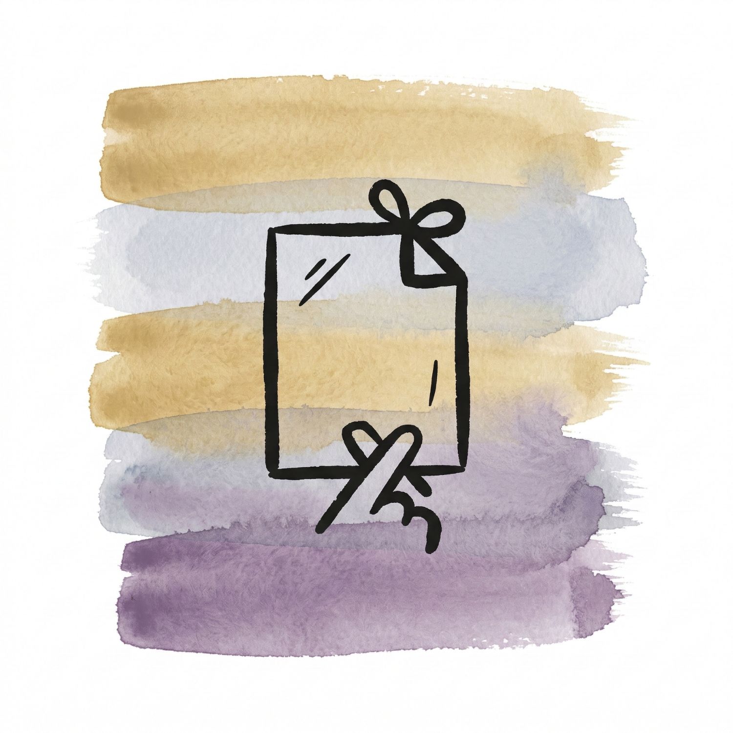 Five horizontal watercolor brush strokes in soft gold and cool ash with a deep lavender accent on white, with a Saul Bass–style ink icon of a simple paper rectangle with a small knot at one corner and two short crossed lines beneath it.